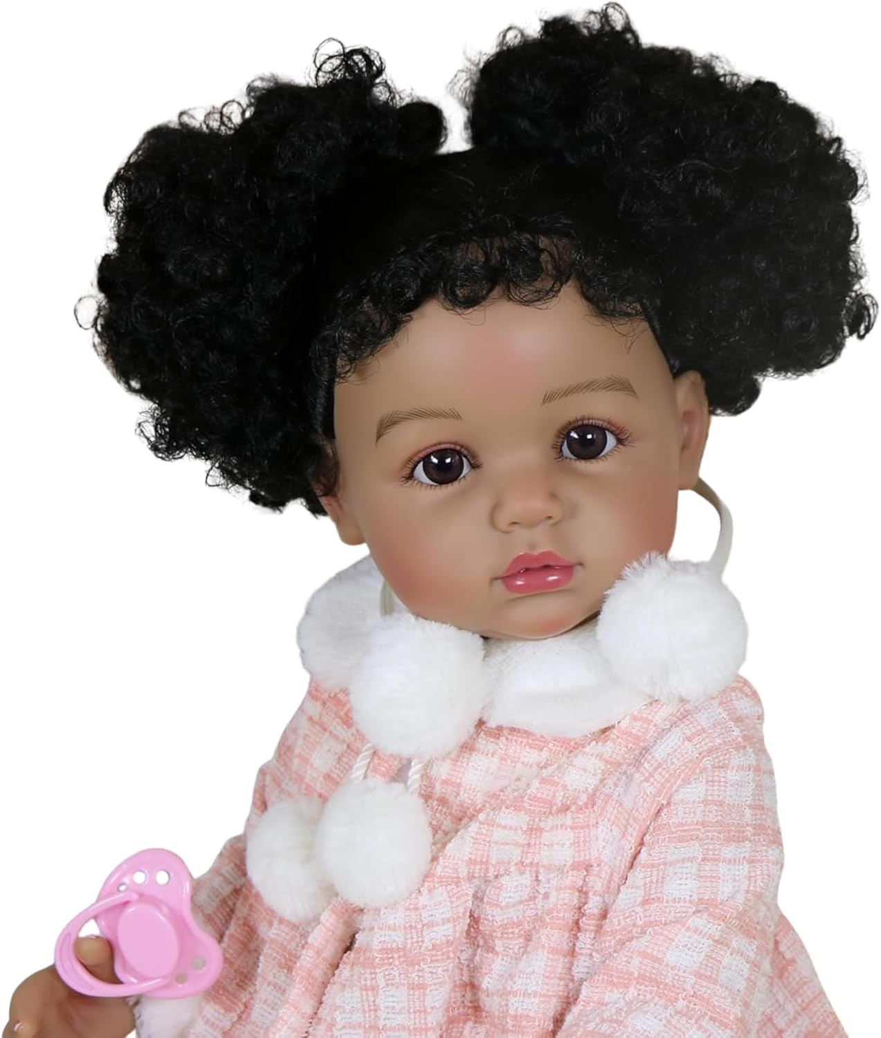 Snowy Poms – 22” African American Reborn Toddler Girl Doll, Lifelike Full Vinyl Posable Body with Rooted Curly Hair, Pink Winter Outfit, Magnetic Pacifier, Bottle & Shoes - Kids Ages 3+