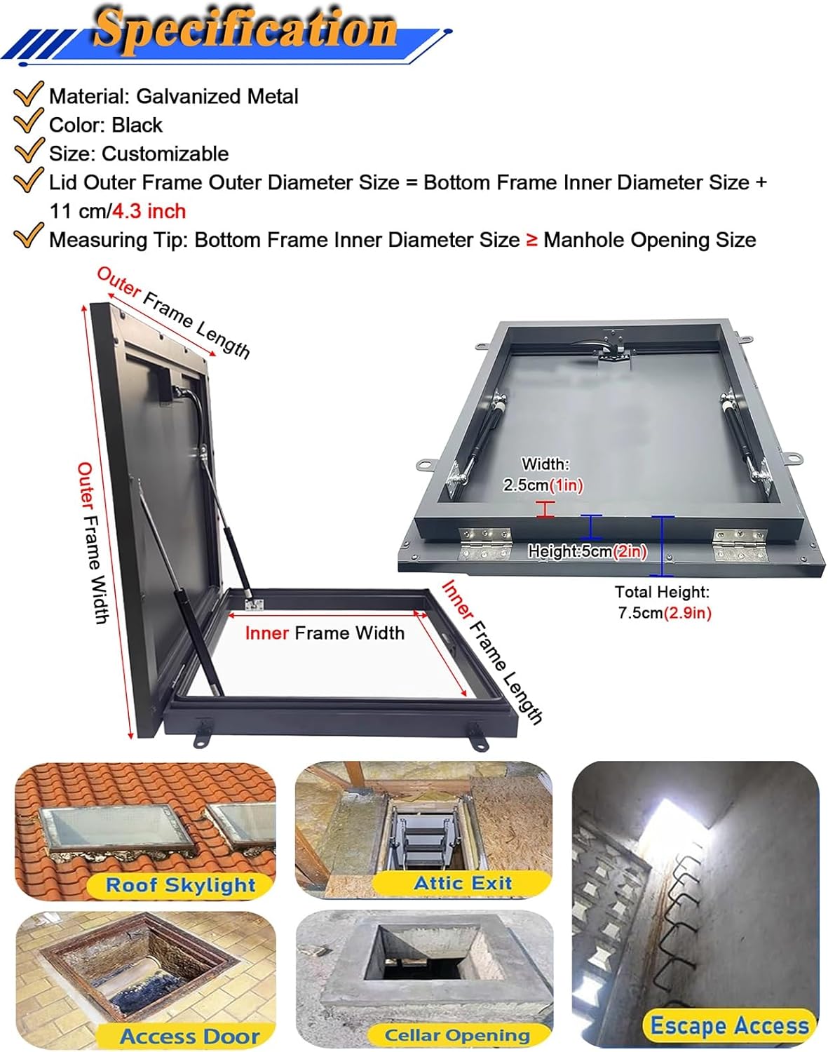 Heavy Duty Access Door, Secure Steel Roof Access Panel, Black Emergency Escape Hatch for Patio, Basement, Attic & Deck, Fits 22-34 Inch Square Openings