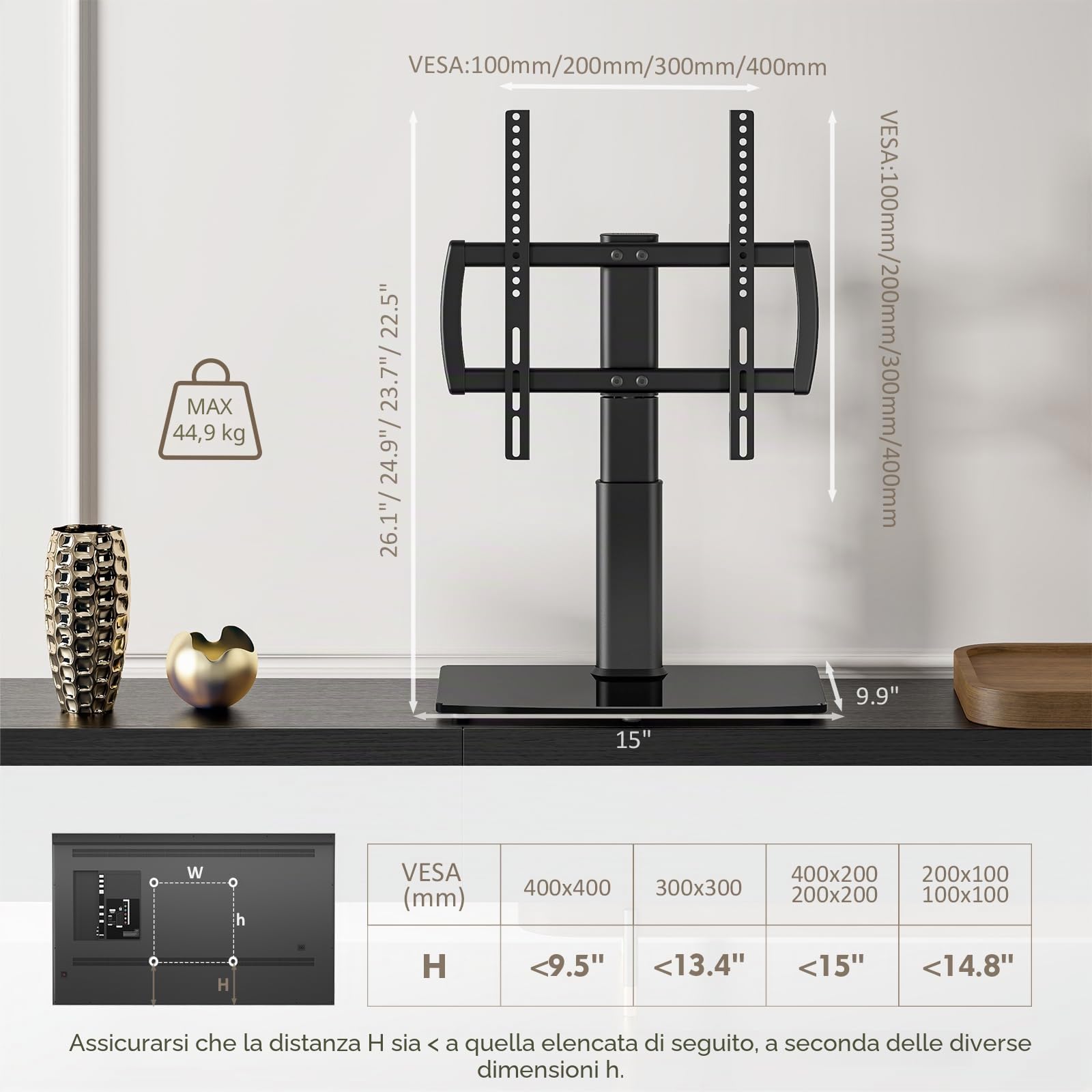 Hemuduplus Supporto TV da Tavolo, Staffa TV da 27 a 60 Pollici, Supporto TV Girevole 80º, 4 Livelli Regolabili in Altezza, Piedistallo TV Regge Fino a 45 kg, Staffa TV Max Vesa 400X400mm