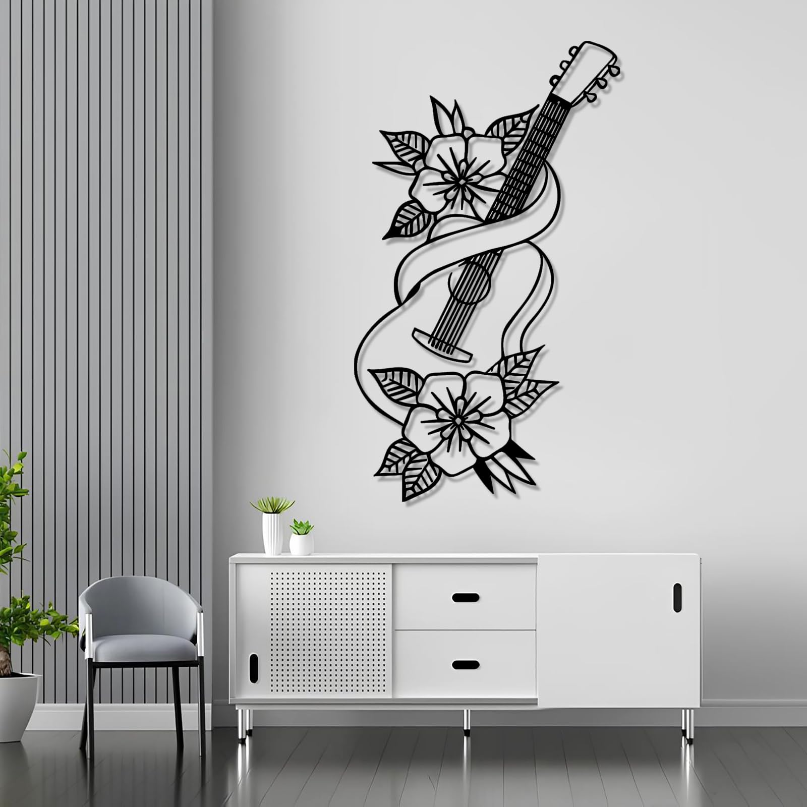 Współczesna abstrakcyjna metalowa dekoracja ścienna sztuka gitarowa, minimalistyczne kwiatowe powieszenia, dekoracja liniowa, prezenty dla miłośników muzyki, dom (35 x 60 cm, złoty)