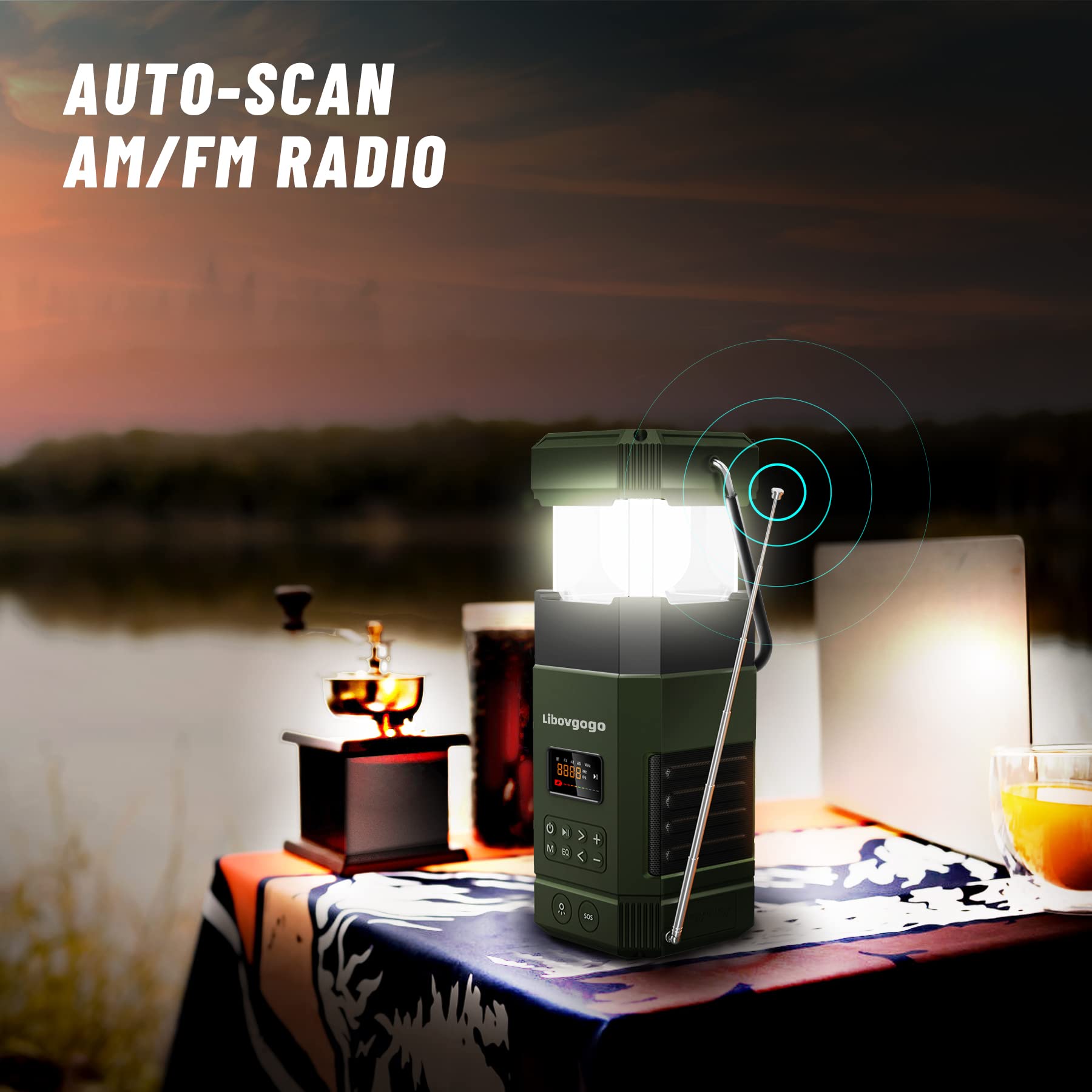 Wiederaufladbare LED Campinglampe, 3 Lichtmodi, IP65 wasserdichter Bluetooth Lautsprecher, 5000mah AM UKW Kurbelradio mit Handyladefunktion Solar, Taschenlampe, Stroboskoplicht, SOS Alarm
