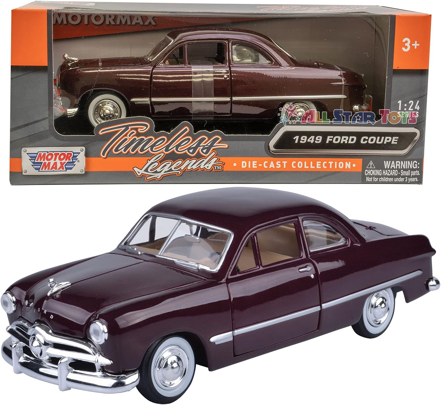 1949 Ford Coupe, Burgundy - Motormax Premium American 73213-1/24 Scale Diecast Model Car,Unisex-Children
