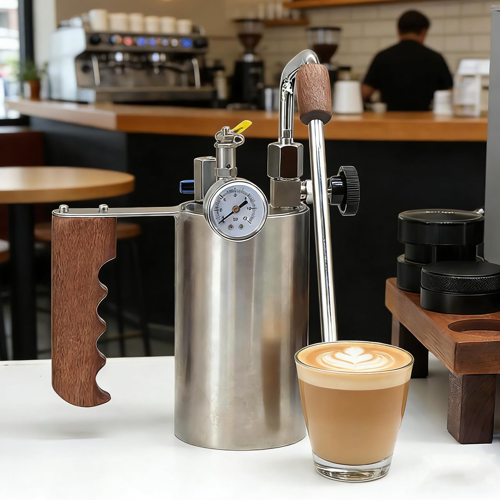 Spieniacz do mleka i parowar ze stali nierdzewnej, pojemność 100-500 ml, dysza z 3 otworami, manometr powietrza, idealny do latte, cappuccino i gorącej czekolady