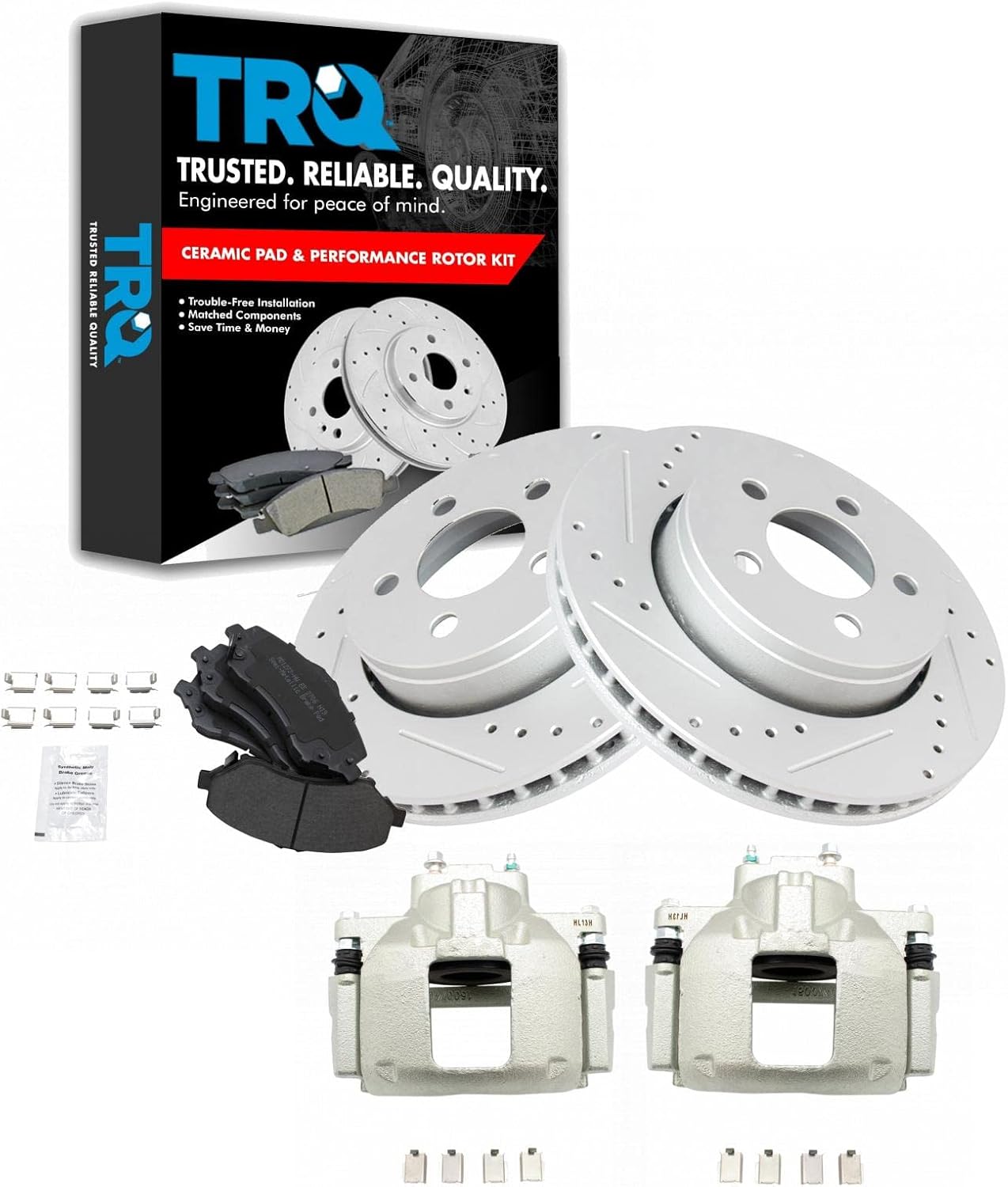 TRQ Front Performance Brake Pad & Rotor Kit Brake Caliper Brake Pads Brake Rotors Set Semi-Metallic Premium G-Coated Compatible with 2007-2010 Dodge Nitro 2008-2012 Jeep Liberty TRQ Front Performance Brake Pad & Rotor Kit Brake Caliper Brake Pads Brake Rotors Set Semi-Metallic Premium G-Coated Compatible with 2007-2010 Dodge Nitro 2008-2012 Jeep Liberty
