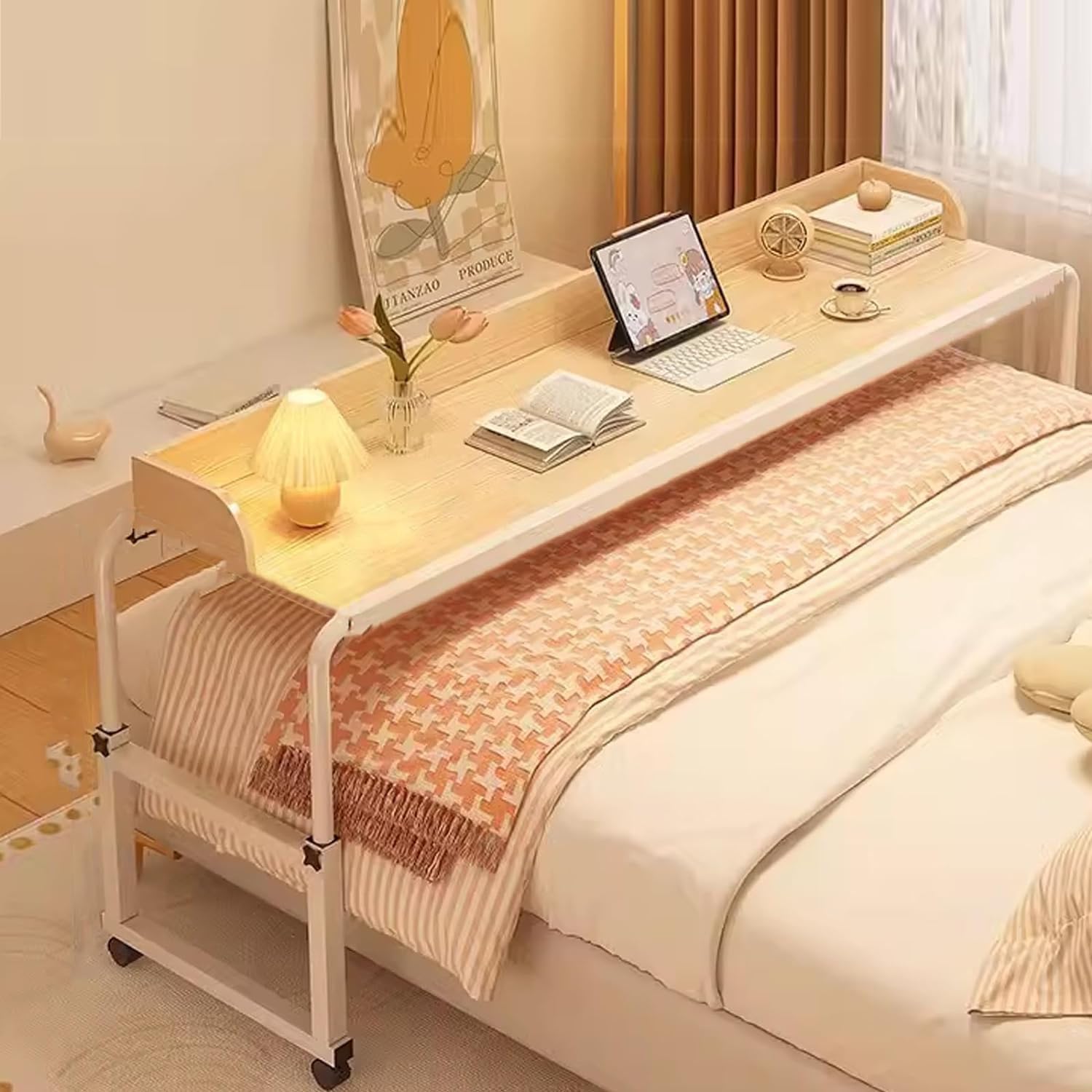 Tavolo da allattamento mobile regolabile in altezza per mangiare, postazione di lavoro, vassoio per cibo o uso medico, comodo design a base di traversa