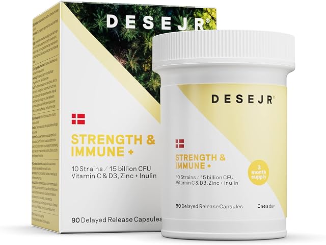 DESEJR Strength & Immune 90 Capsules - Multi-Strain Bio Cultures (3 Months) - 15 Billion CFUs Lactobacillus Acidophilus & Bifidobacteria -Vitamin C & D3 & Zinc - Lab-Tested, GMO-Free, Vegan - 1/Day