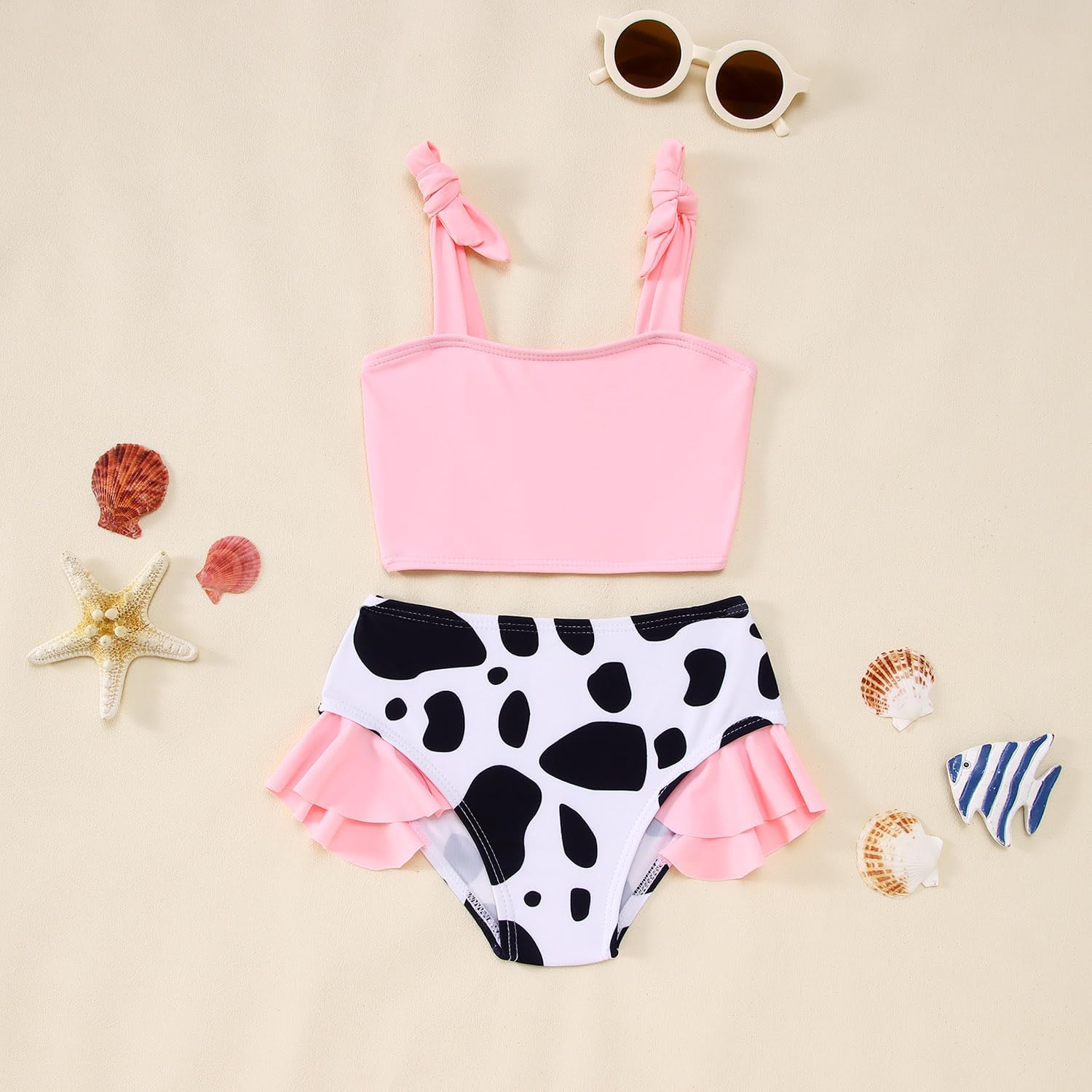 Toddler Girl Two Piece Swimsuit Strap Halter Ruffle Bikini Set Cow Print Swimwear Summer Beach Bathing Suit 18M-6T - Image 3
