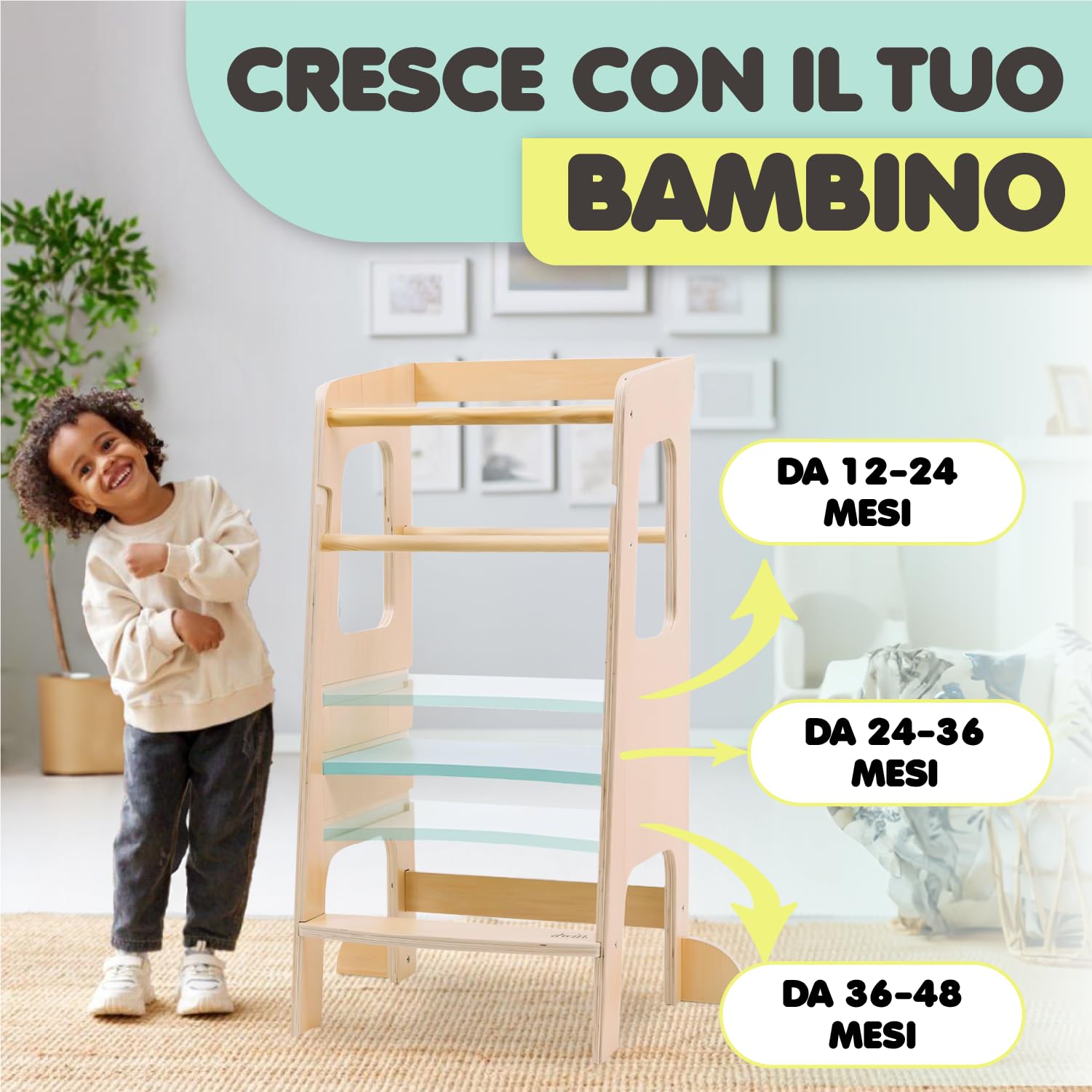Torre Montessoriana bambini legno naturale 3 livelli Antiscivolo Anti ribaltamento Doppia barra sicurezza CE