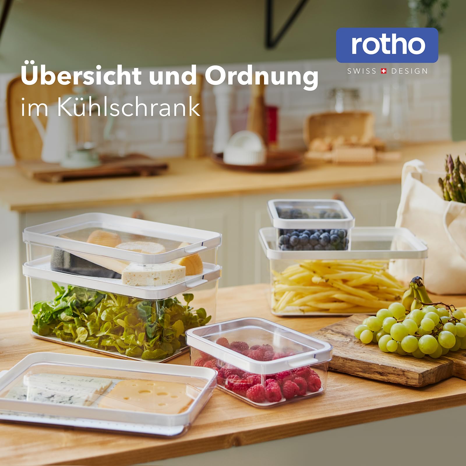 Rotho CAUMA Organizadores Frigorífico, Set de 4 Cajas Transparentes Apilables para Nevera y Despensa, Plástico PP sin BPA, con Bandeja Interior Perforada