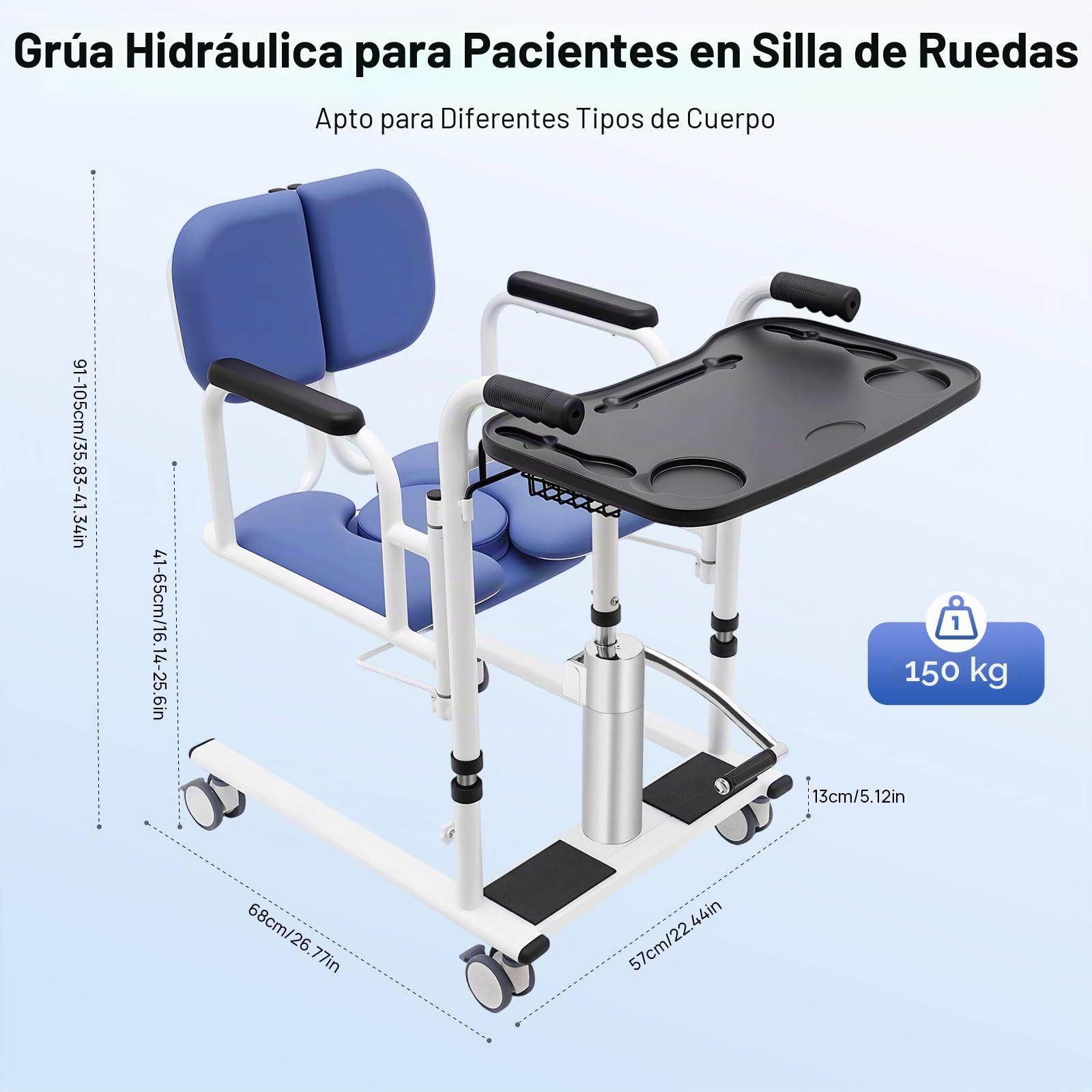 Elevador hidráulico para pacientes y silla de aseo con función de inodoro, ayuda de transferencia de altura ajustable (30-46 cm) para personas mayores, 150 kg, 4 ruedas con frenos, ideal para el hogar