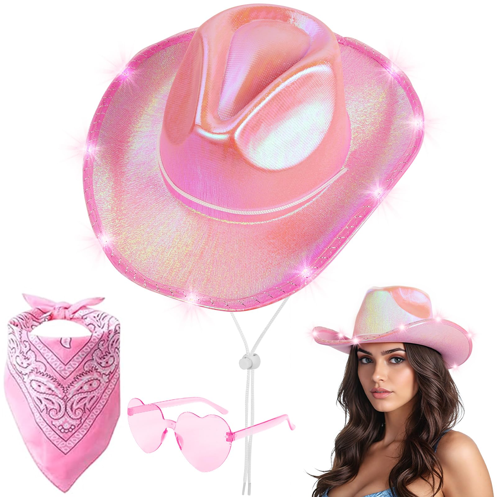 Aomig 3Pcs Cowboy Hat Fancy Dress Accessory, Cowboy Costume Set with Paisley Bandanna and Glasses, Western Cowboy Fancy Dress Costume for Birthday Halloween Bachelorette Bachelor Party Cosplay(Pink) โ image 1