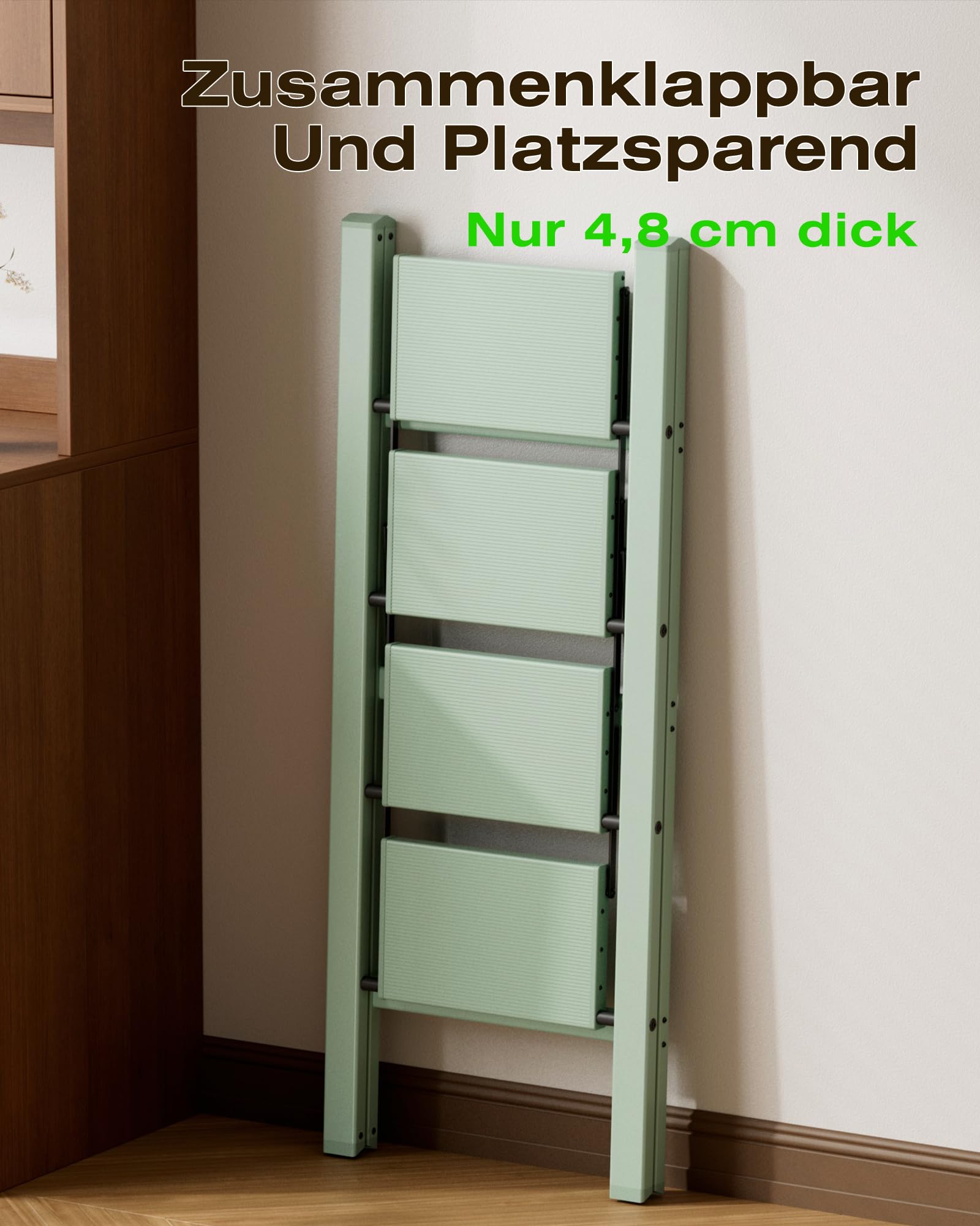 Escalera Plegable de 4 peldaños, Capacidad de 150 kg con Pedal Antideslizante, Taburete portátil de Aluminio, fácil de Guardar, Interior y Exterior, Aspecto estético, Color Verde Claro