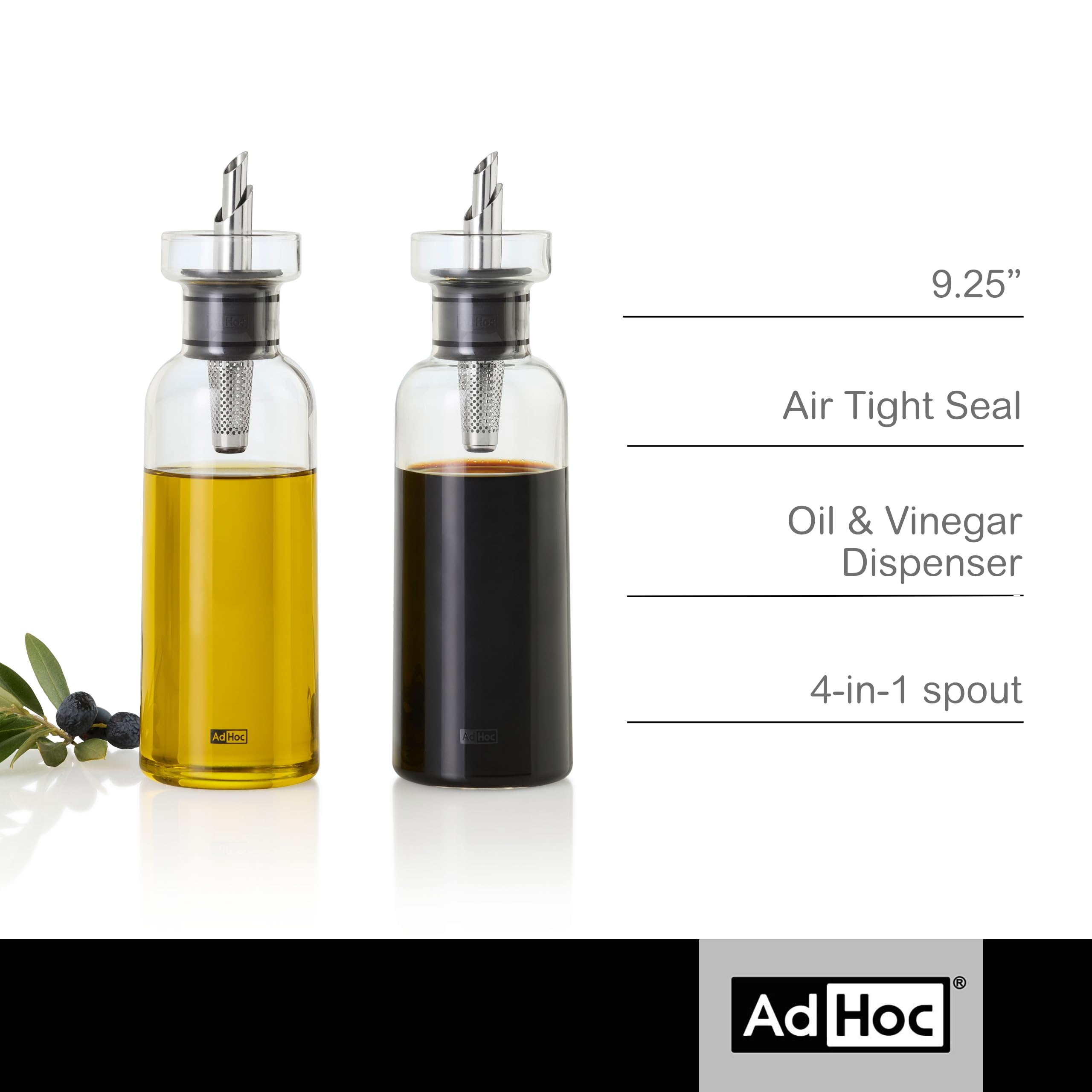 AdHoc AromaPour - Oil & Vinegar Dispenser - No-Drip Liquid Bottle for Kitchen - Airtight Design with Stainless Steel Filter - Offers Healthy & Fresh Flavor - Dispenser Set (2 Pack)