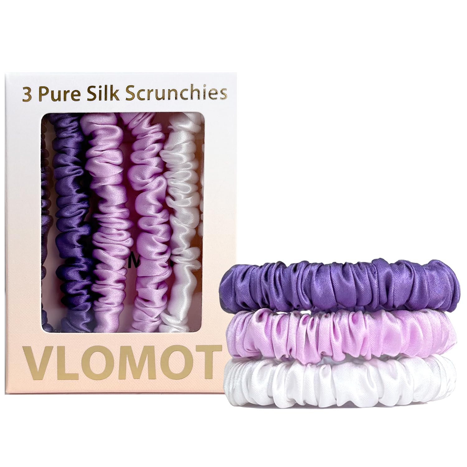 VLOMOT 3 Pcs Set 100% Pure Mulberry Silk Hair Scrunchies Hair Ties with 3 Chic Colors Everyday Skinny Scrunchies Silk Ponytail Holders Hair Care No