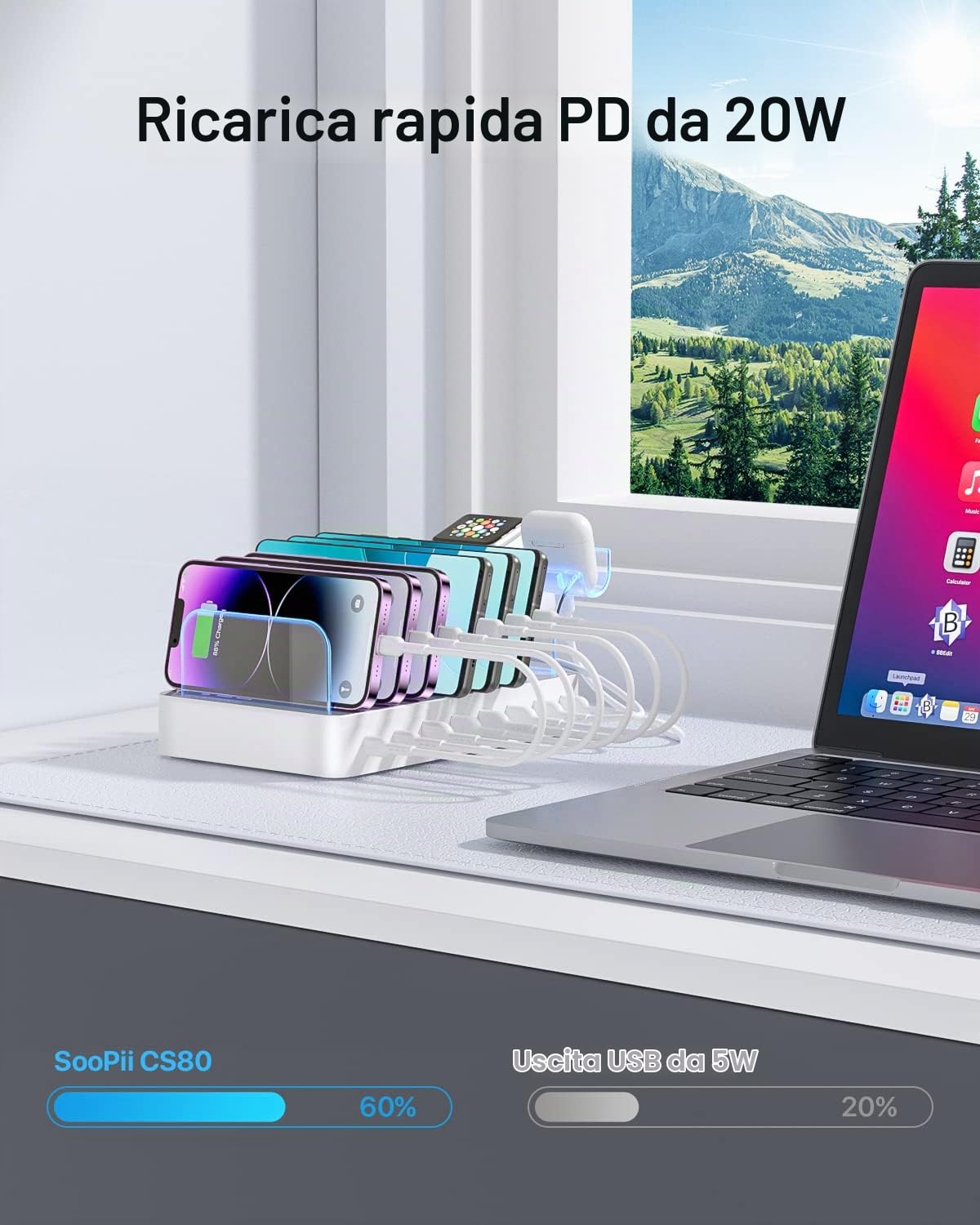 SooPii Stazione di ricarica USB C a 8 porte per più dispositivi,con 1 porta PD da 20W che supporta la ricarica rapida,1 supporto aggiornato per caricatore lWatch e Air-Pods,bianco