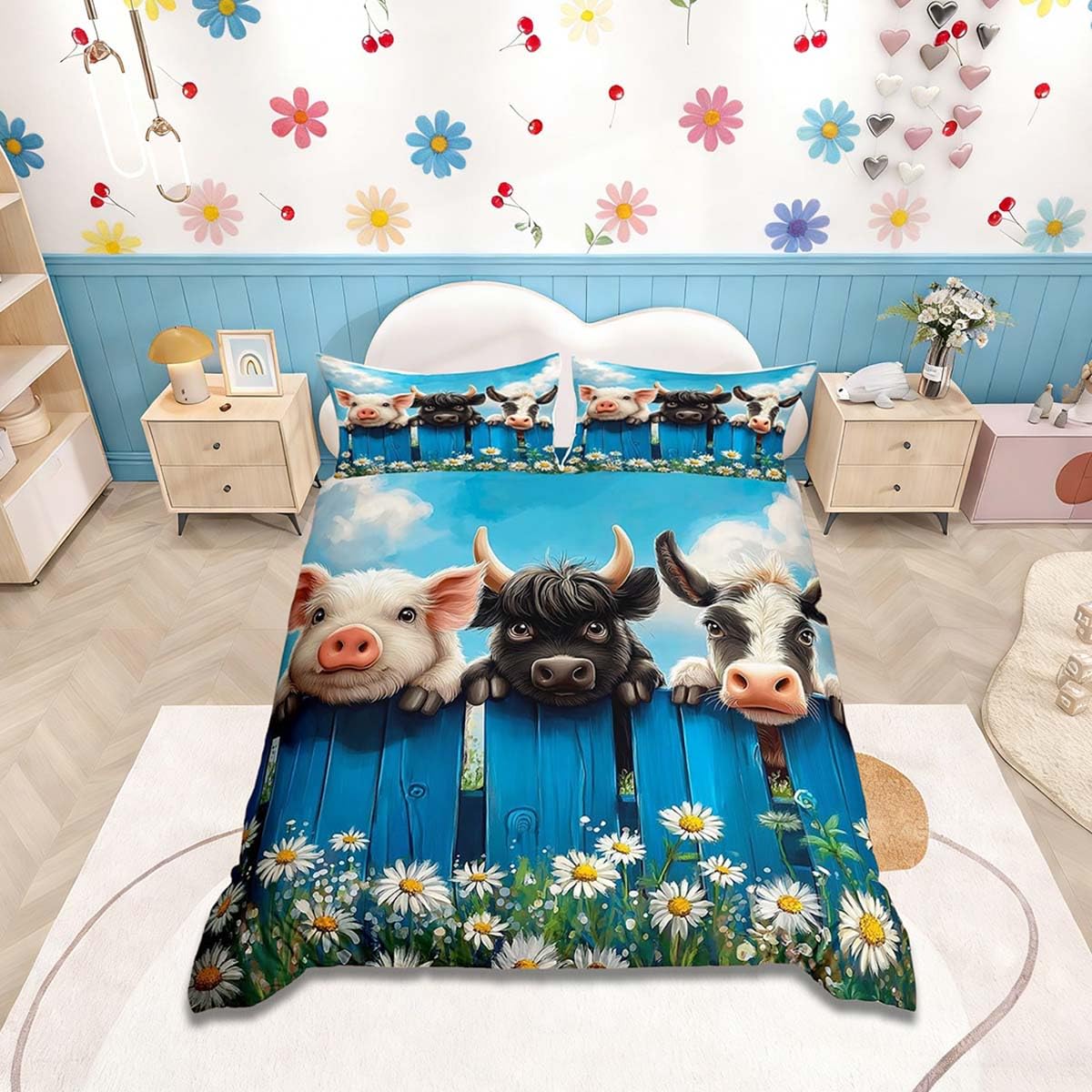 Homemissing Farm Animals Highland Cow Duvet Cover Set Double Size for Kids Boys Girls Rustic Farmhouse Pig and Baby Cow Highland Cattle Bedding Set Farm Nursery Decor Duvet Cover with 2 Pillowcases