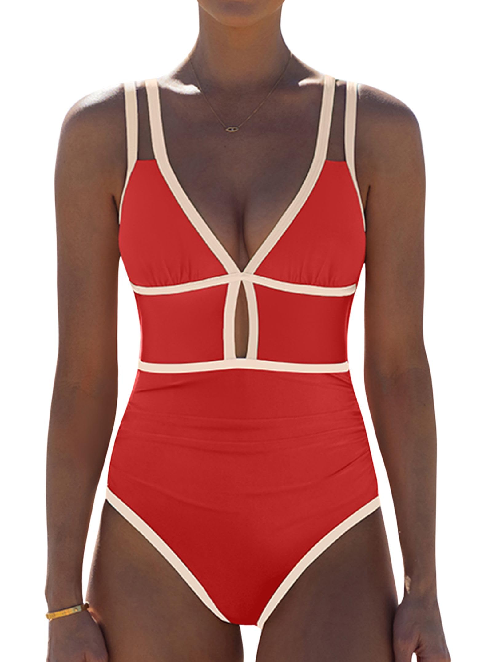 popvil Women One Piece Swimsuit 2026 Tummy Control Sexy Cutout Neon Color Block Bathing Suit Slimming Adjustable Swimwear
