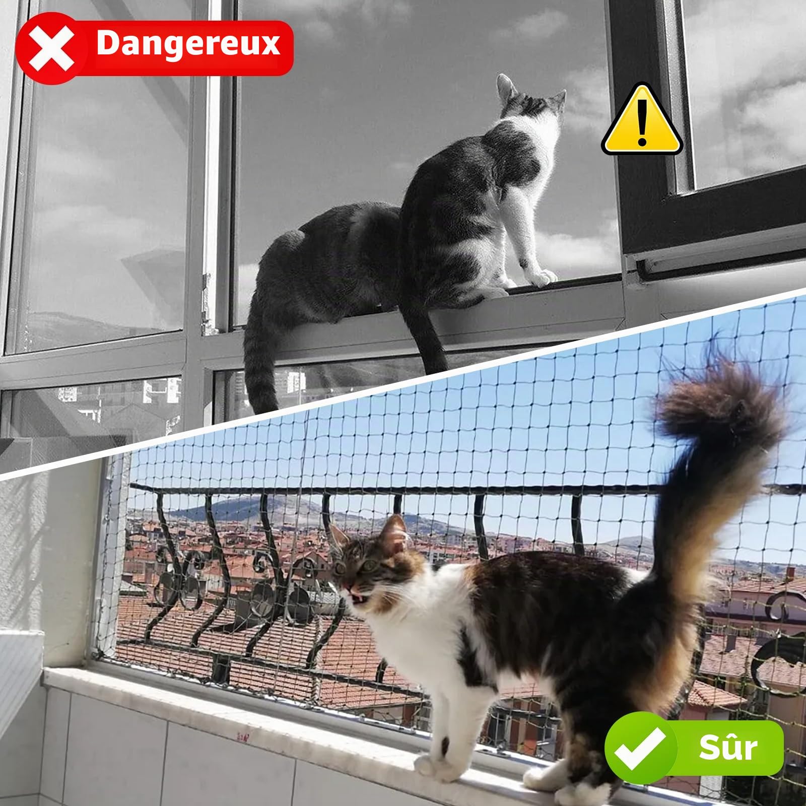3x6m Filet de Protection Chat Renforcé de Fil d'acier, Filet Chat Balcon, Filet de sécurité pour Chat avec kit de Fixation pour Balcons, Terrasses, Fenêtres, Noir