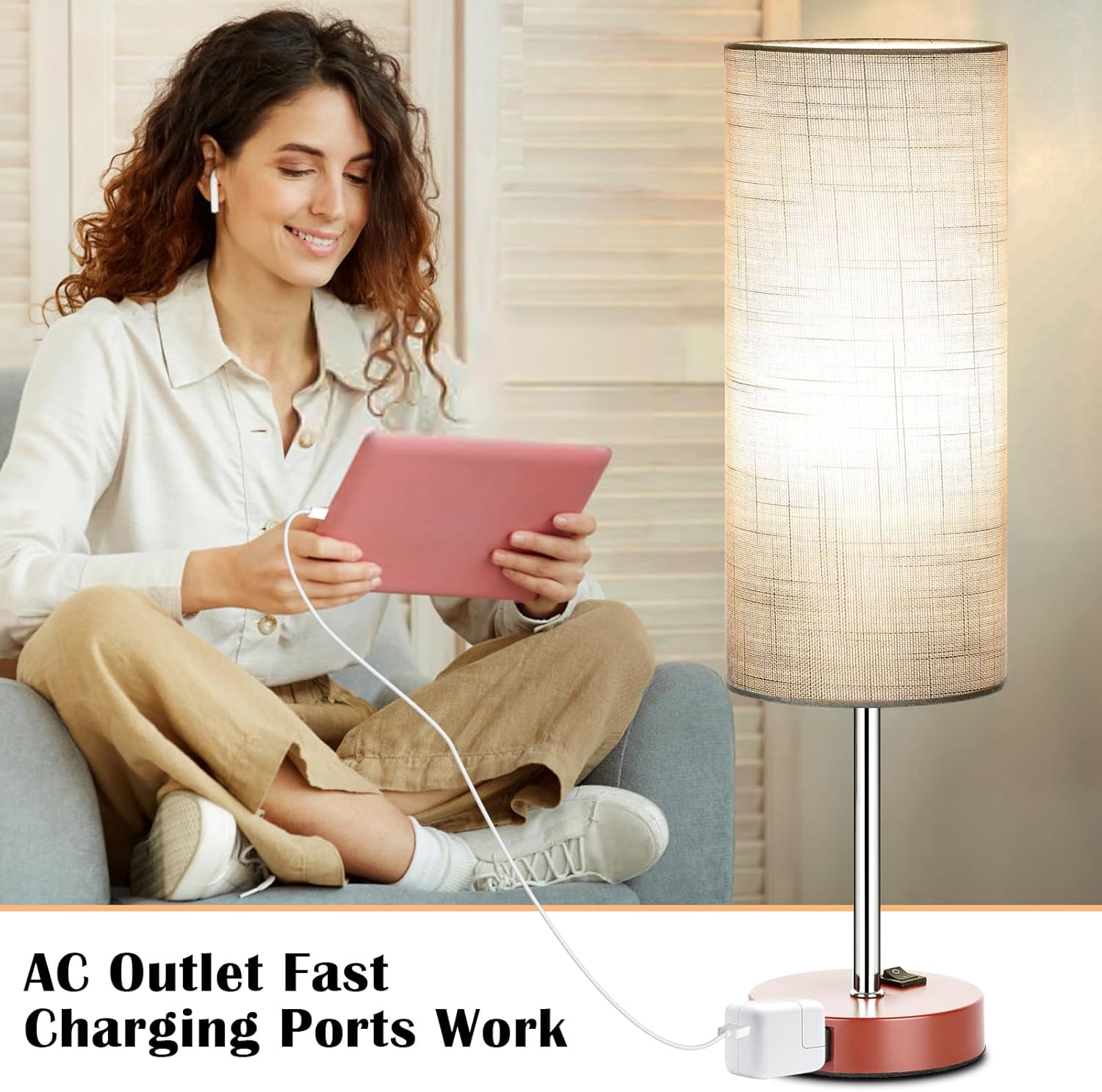 ZJOJO Table Lamp for Bedroom 2 Pack,18in Bedside Lamps with 3 Way Dimmable Rocker Switch & AC Outlet,Nightstand Desk Lamp with Gray Fabric Shade Brown Base for Living Room Home Decor Lights
