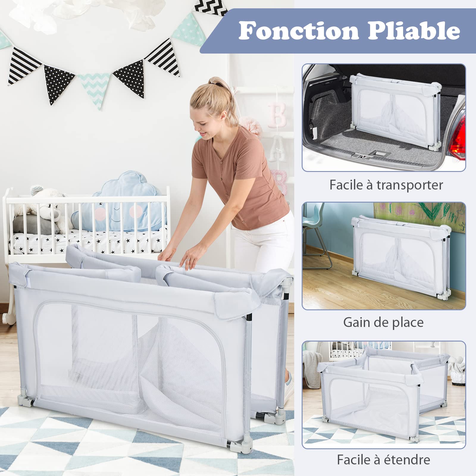 GOPLUS Parc Bébé Pliable 124x124CM, Parc Bebe en Maille Respirante avec 50 Balles et 4 Anneaux, Centre D'activités pour 10 Mois à 6 Ans, Idéal pour Intérieur et Extérieur, Gris