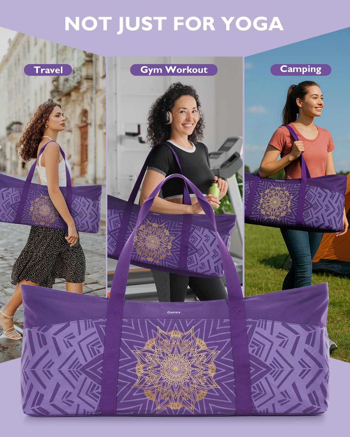 Gonex Borsa Yoga Donna in Tela Extra Large, Borsa da Palestra con Tasca Impermeabile e Cerniera in Metallo, Porta Tappetino e Mattoncini, per Yoga, Pilates, Viaggi