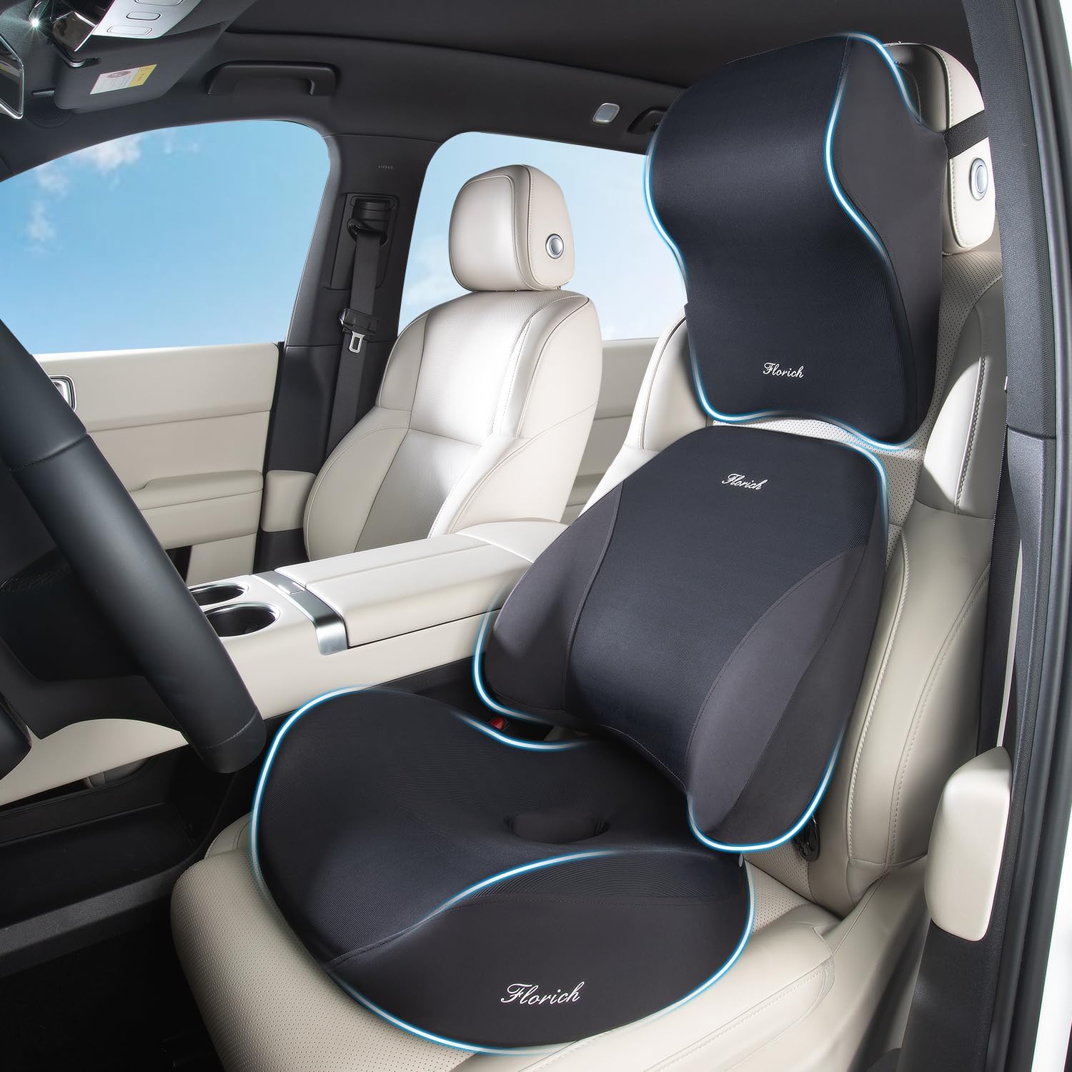 FLORICH Car Seat Cushion & Lumbar Support Pillow & Car Neck Pillow for Driver Car Office Chair, Ergonomic Memory Foam Car Cushion & Back Support Pillow for Sciatica Pain Relief - Black