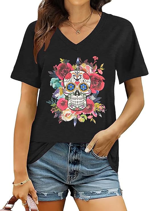 Dead of The Dead Shirts for Women Dia De Los Muertos Tshirt Sugar Skull Tee