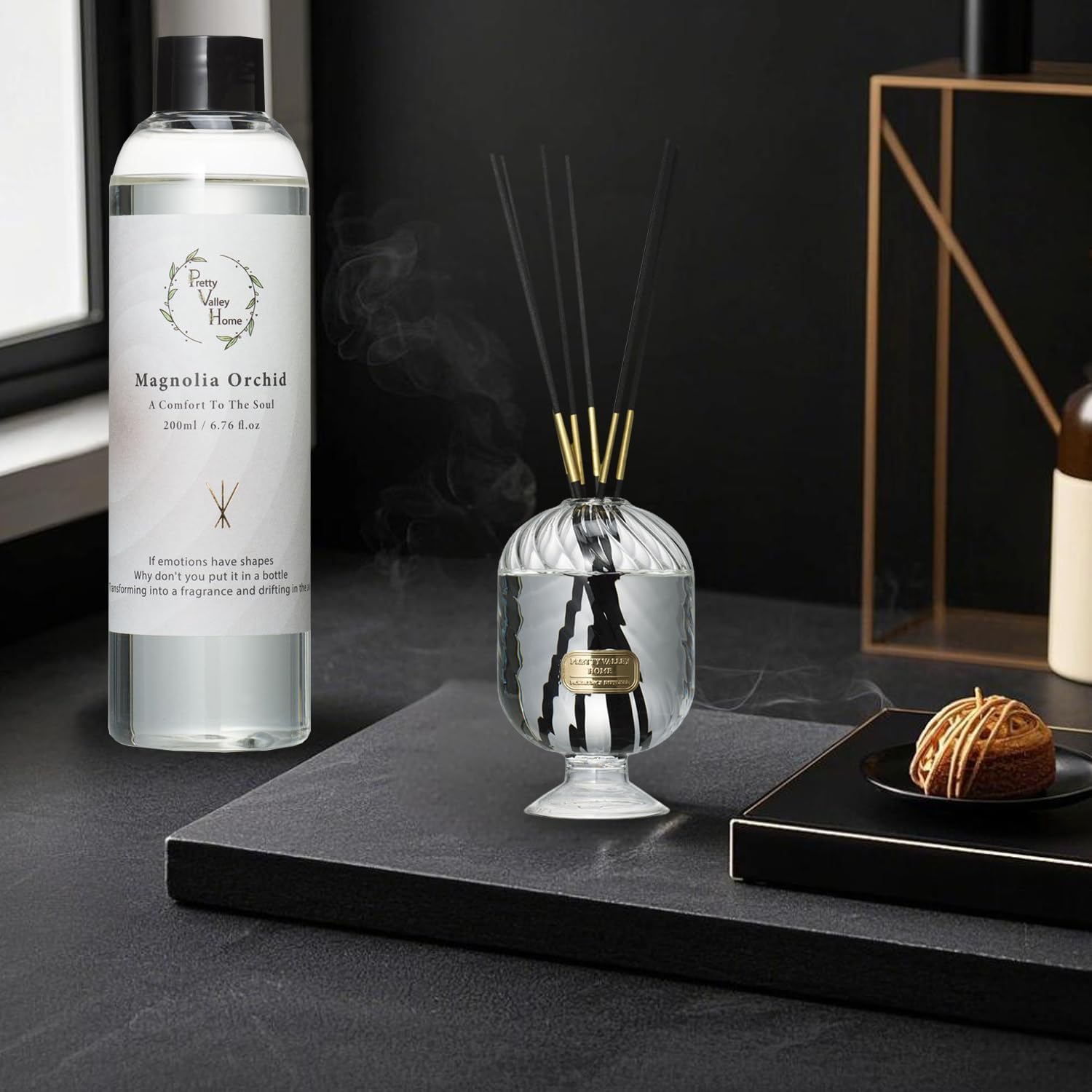 Reed Diffuser Set, Pretty Valley Home Diffuser 200Ml / 6.76 fl OZ Gift Box - Includes Reed Diffuser Sticks, Long Lasting Fragrance Oil and Glass Bottle for Office Living Room Decor (Magnolia Orchid)