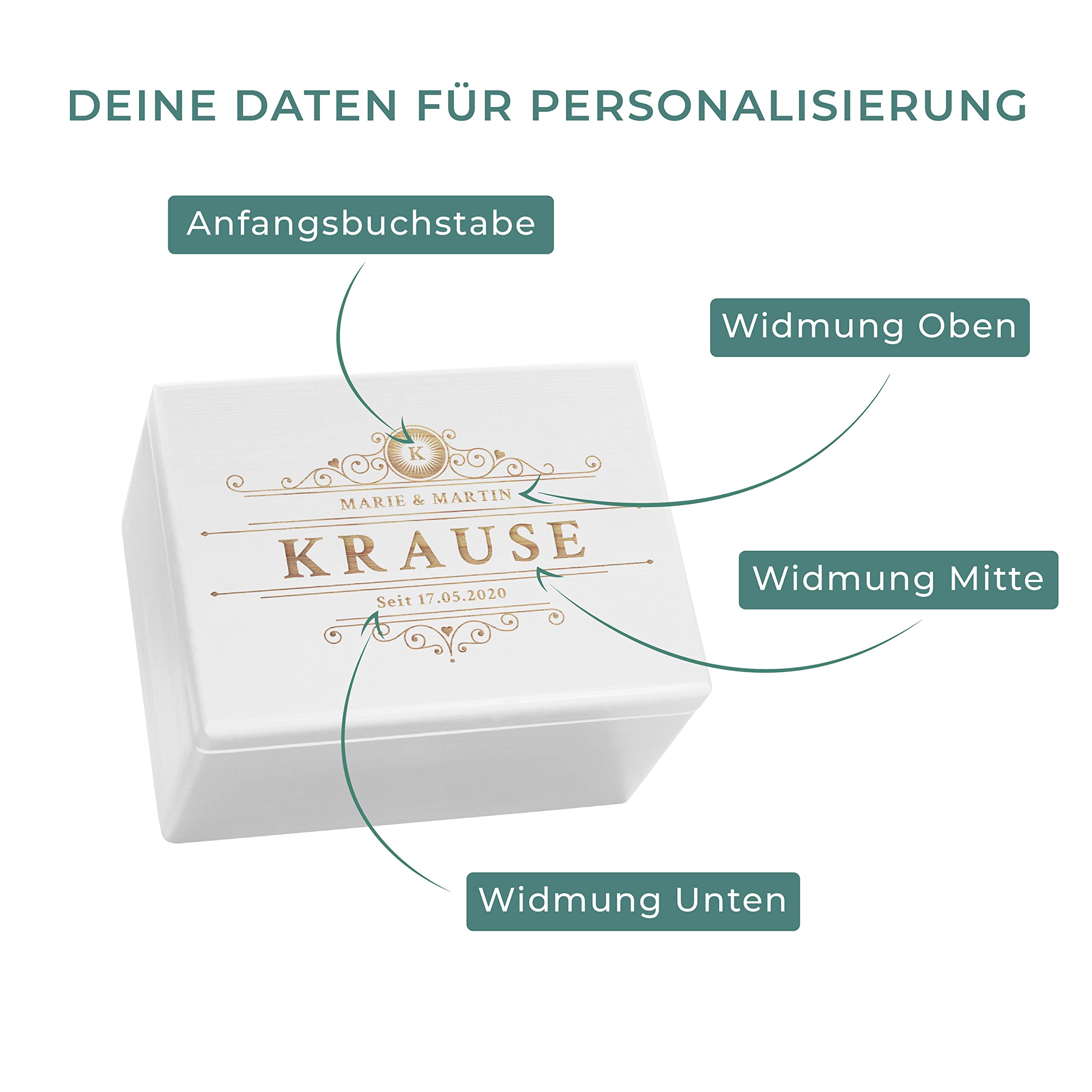 LAUBLUST Holzkiste Personalisiert zur Hochzeit - ca. 40x30x24cm, Weiß, Ranken Gravur | Erinnerungsbox & Geschenkkiste, FSC®