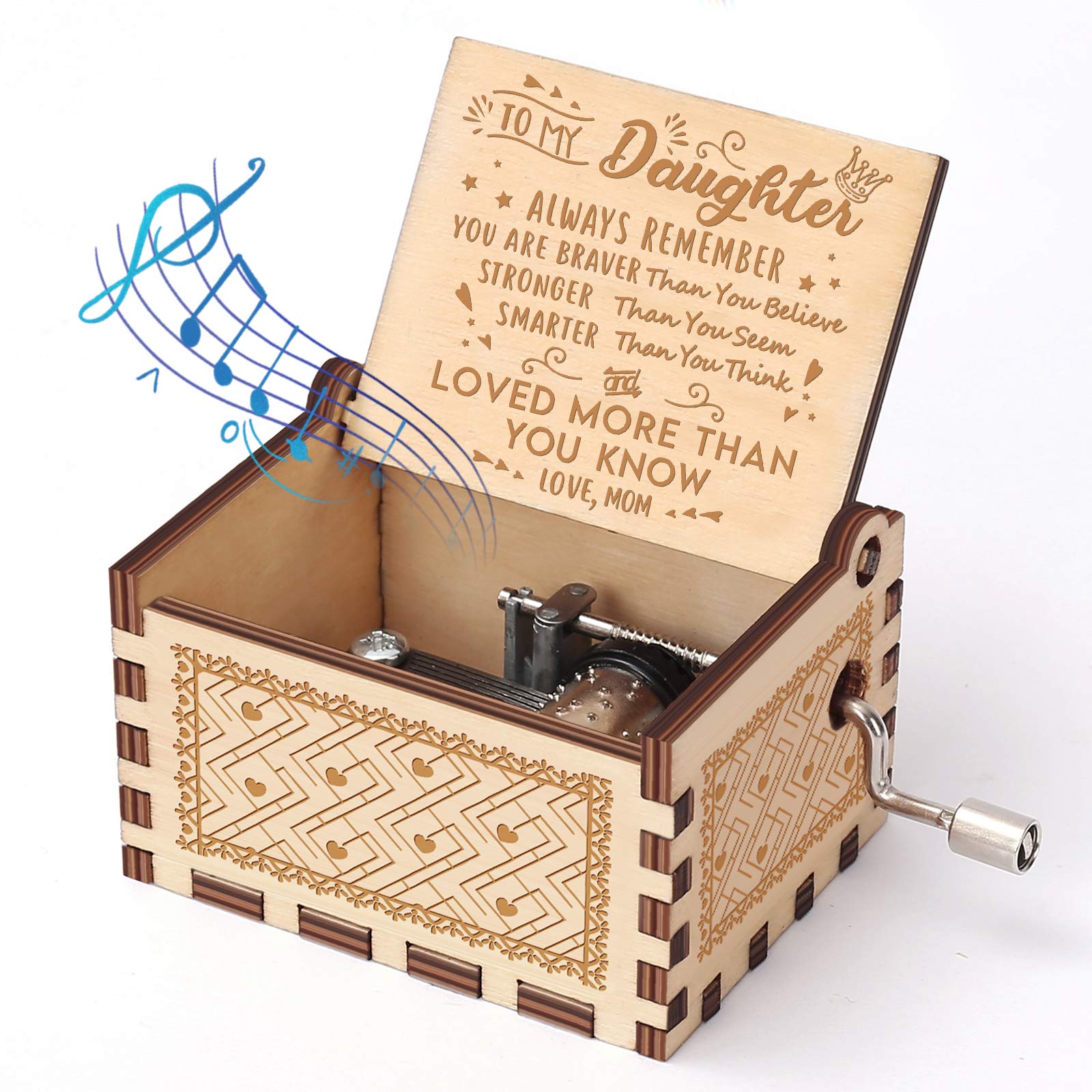 Music Box Gifts for Daughter from Mom - You are My Sunshine Hand Crank Engraved Wooden Music Boxes Vintage Personalizable Gift - Perfect for Birthday/Christmas/Valentine's Day/Mother's Day/Halloween