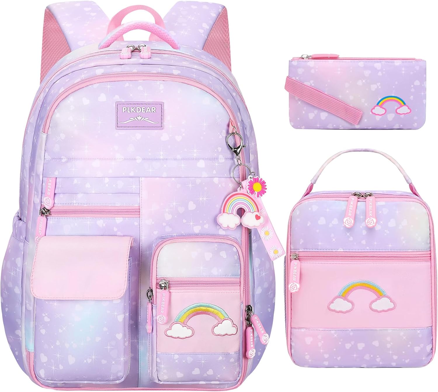 3pcs Girls Backpack,Cute Rainbow School Backpack for Kids Children with Insulated Lunch Box Pencil Case Set