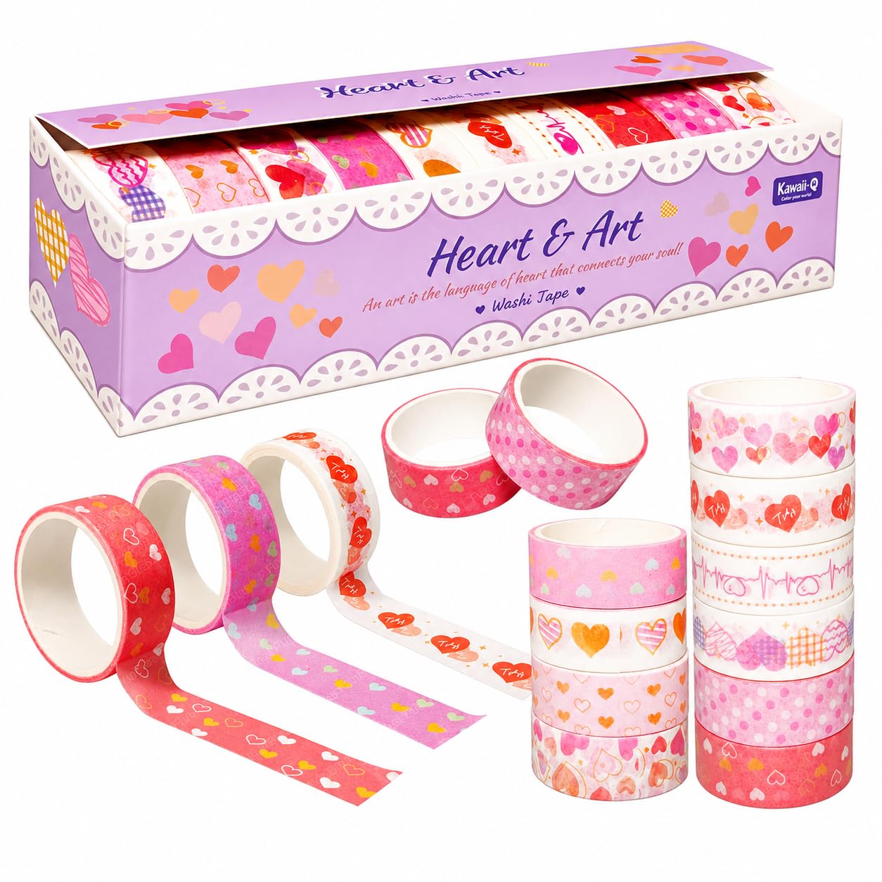 KLIVE Kawaii Washi Tape Set (10 Rolls) Decorative Masking Tape for Journaling, Scrapbooking, Bullet Journal, Planner, DIY Crafts, Gift Wrapping, Card Making, Cute Floral & Heart Designs-picture-13