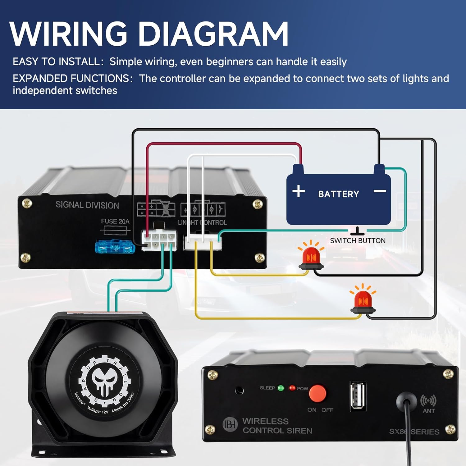 Warning Emergency Siren 12V Police Siren Speaker PA System Kit 200W 125-150dB Remote Control with Handheld Microphone for Car Ambulance Vehicles Fire Truck SUV ATV UTV