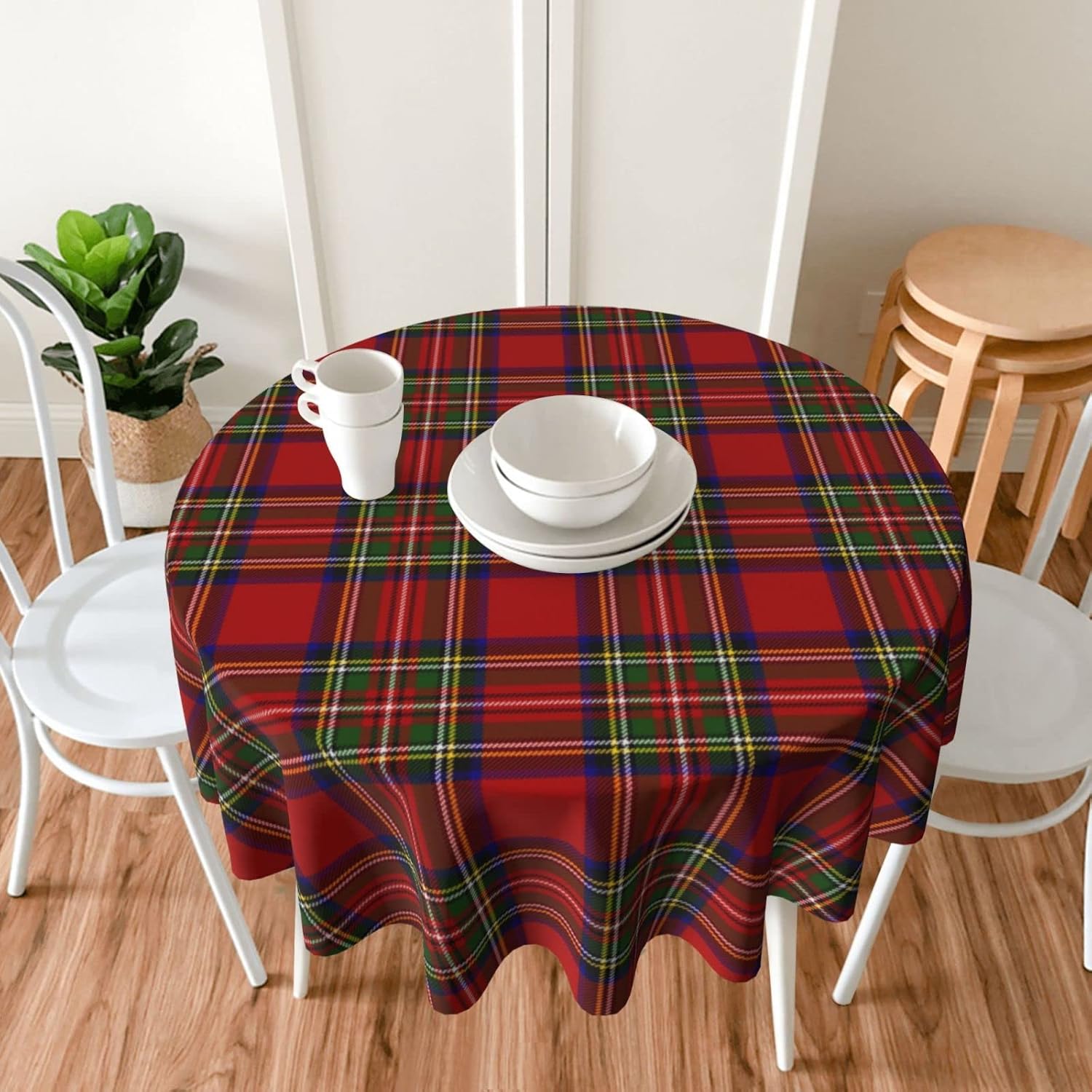 Tablecloth Round, Royal Stewart Tartan Plaid Scottish Pattern Washable Table Cover for Farmhouse Kitchen Dining Picnic Party Indoor Outdoor Table Mats 60 inch