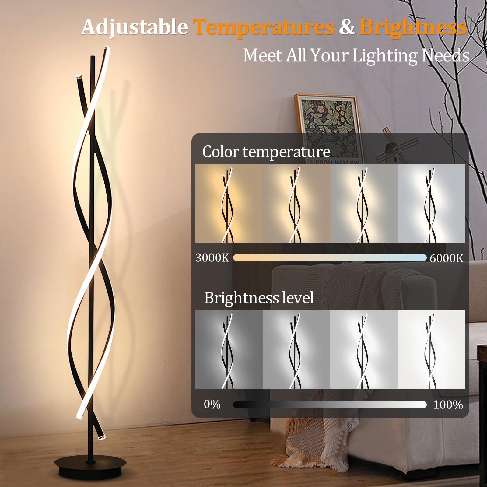 Stehlampe Wohnzimmer Dimmbar, Schwarze Spirale LED Dimmbare Stehlampe für Schlafzimmer, Stehlampe mit Fernbedienung, 155cm 3 Farbtemperaturen 52W Standleuchte (Black)