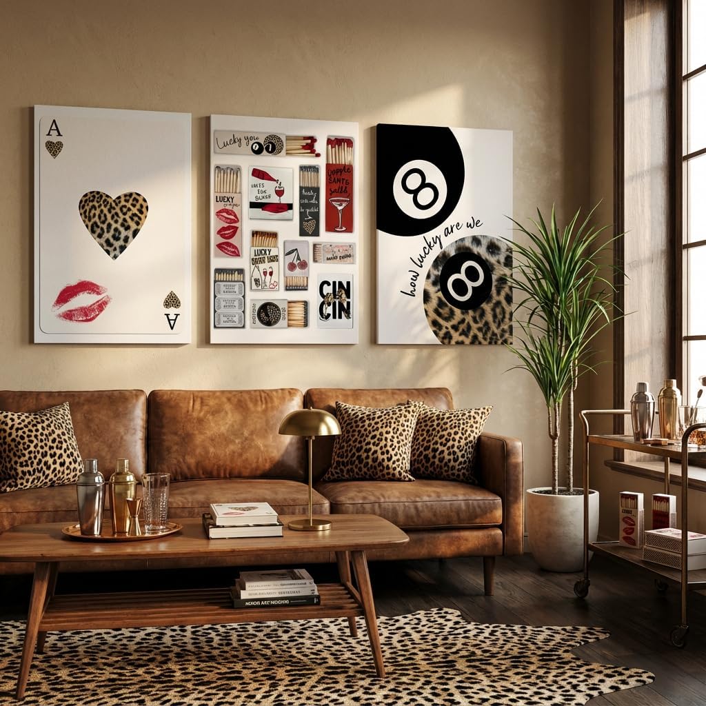 3Pcs Vintage Matchbox Canvas Wall Art Trendy Leopard Ace of Spades Posters Prints Fun Quotes and Lucky Theme Pictures Wall Decor for Girl Dormitory Apartment Bedroom Home Decoration Prepare to hang