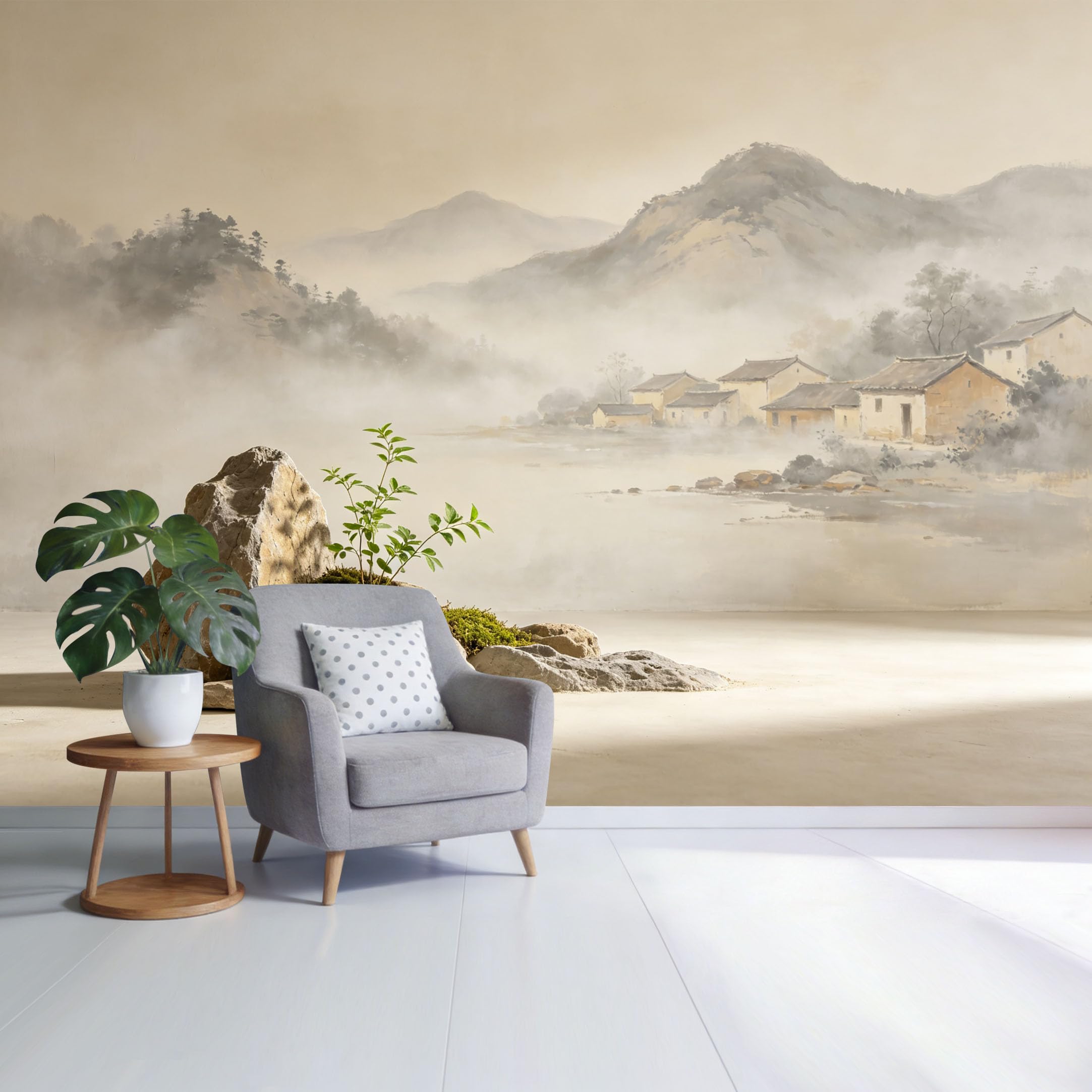 Custom Size Wall Mural Tranquil Mountain Village Landscape Misty Hills Zen Rock Botanical Scene SelfAdhesive Wall Fabric Removable Wallpaper for Home Office Decor