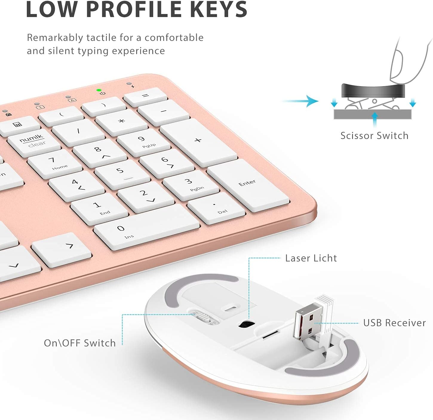 iClever GK08 Wireless Keyboard and Mouse - Rechargeable Wireless Keyboard Ergonomic Full Size Design with Number Pad, 2.4G Stable Connection Slim White Keyboard and Mouse for Windows, Mac OS Computer