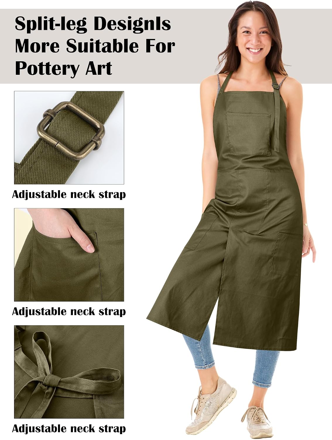 2 Pcs Pottery Aprons Split Leg Adjustable Ceramics Apron with 3 Pockets Pottery Supplies for Adults Ceramic Lovers(Sage Green, Beige)