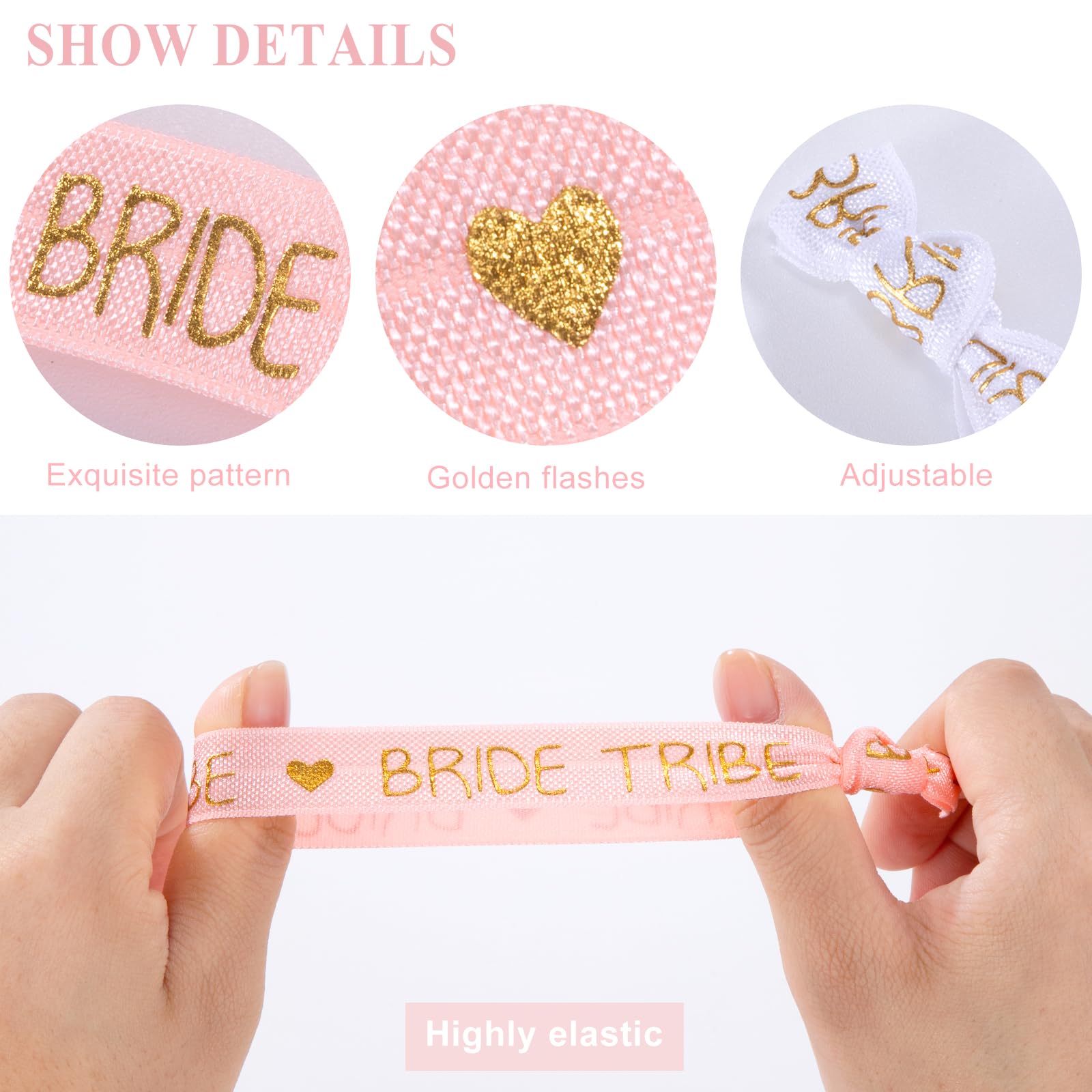 Set Braccialetti Addio Al Nubilato - 1 Sposa Bianco + 10 Bride Tribe Rosa, Elastico, Scritte Dorate, Per Feste Matrimonio