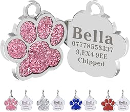 Dog Tags Personalized for Pets Glitter Dog Tag Engraved Dog Name Tag Cat Tags Personalized Dog Tags Paw Print Stainless Steel Cat Name Tag for Dog Cat Puppy Pet Dogs (Pink)
