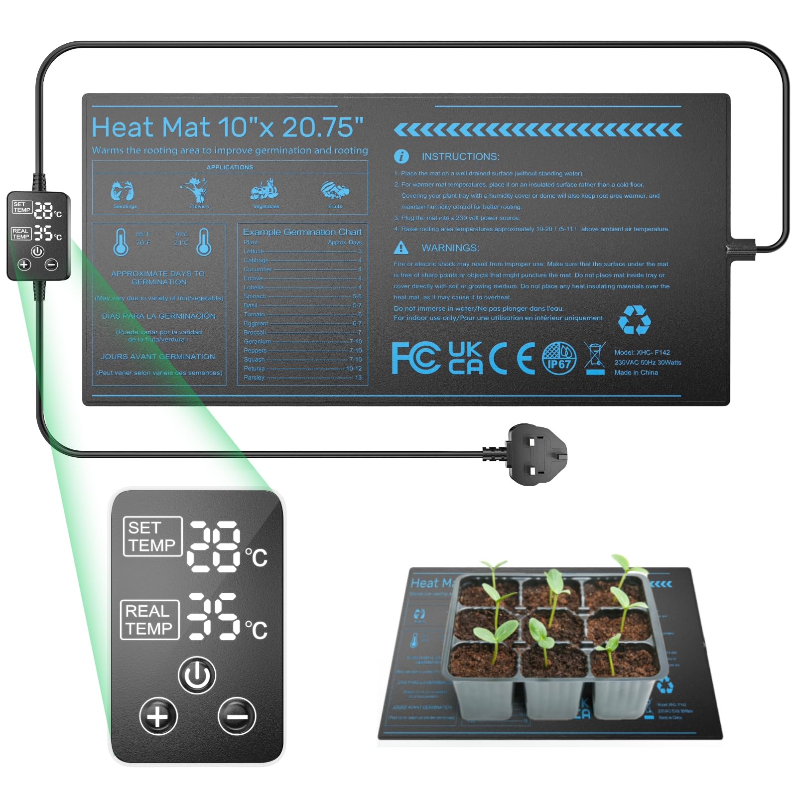 Tapis chauffant pour plantes 52 x 25 cm, 30 W avec thermostat 0-50 ℃ et écran LCD, étanchéité IP67 pour semis, plantes hydroponiques, incubation de serre et reptiles d'intérieur