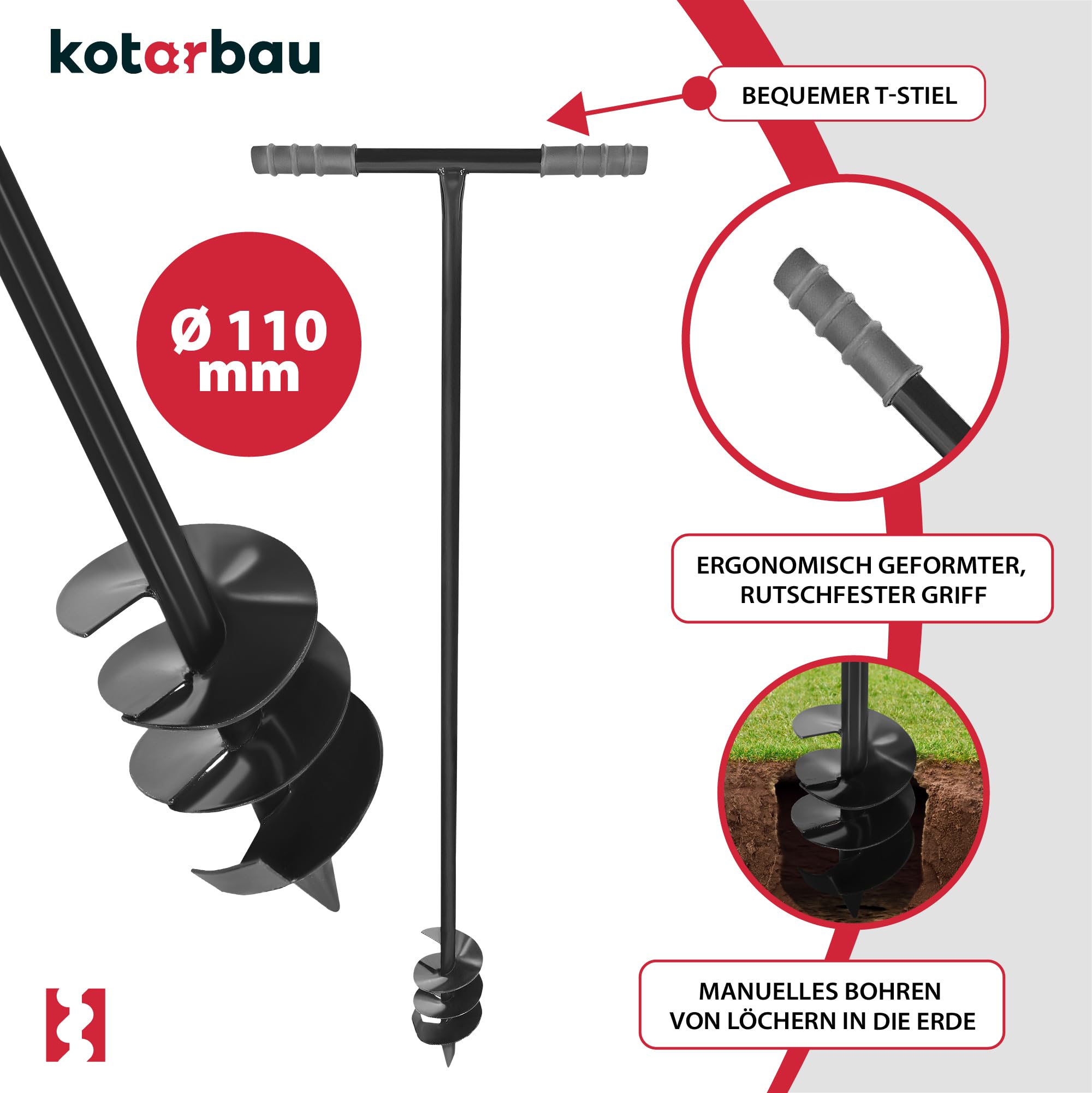 KOTARBAU® handgrondboor ⌀ 50 mm tuinboor met kunststof handgreep spiraalboor grondgatboor lochboor bloembollenboor plantenbakken manuele boor handgereedschap tuingrondboor van metaal 115 cm
