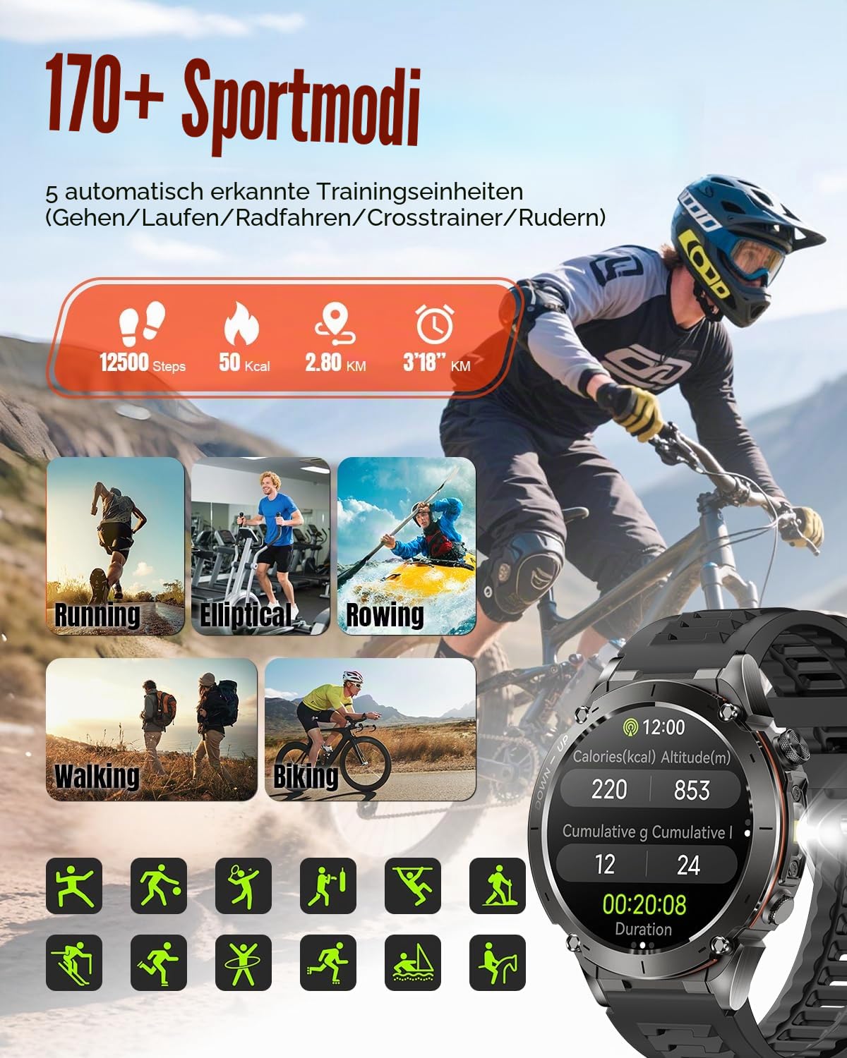 TERRAX Herren Smartwatch, GPS 1.43" Touchscreen Herzfrequenz SpO2 Schlafmonitor Schrittzähler Bluetooth Anrufe, IP69 Wasserdicht Sportuhr mit 170+ Sportmodi Fitness Track