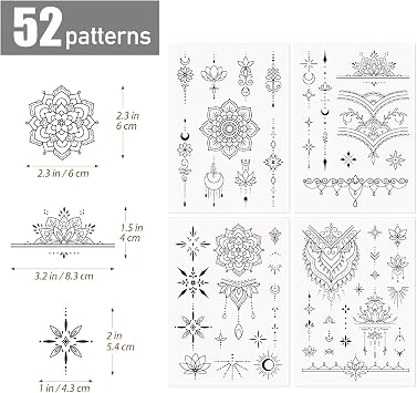 4 Sheets Temporary Tattoos for Women Semi Permanent Fine Line Mandala Lotus Realistic Fake Tattoos 2-Week Long Lasting for Finger Hand Wrist Leg