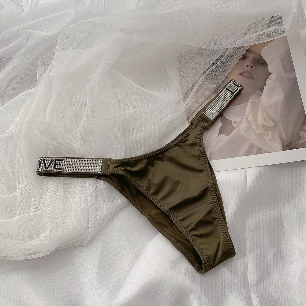 YUHOOE Femmes Culottes Sexy String Bikini Strass Lettre Ceinture G-String Culotte Taille Basse T-Back String sous-Vêtements Doux,5Pack