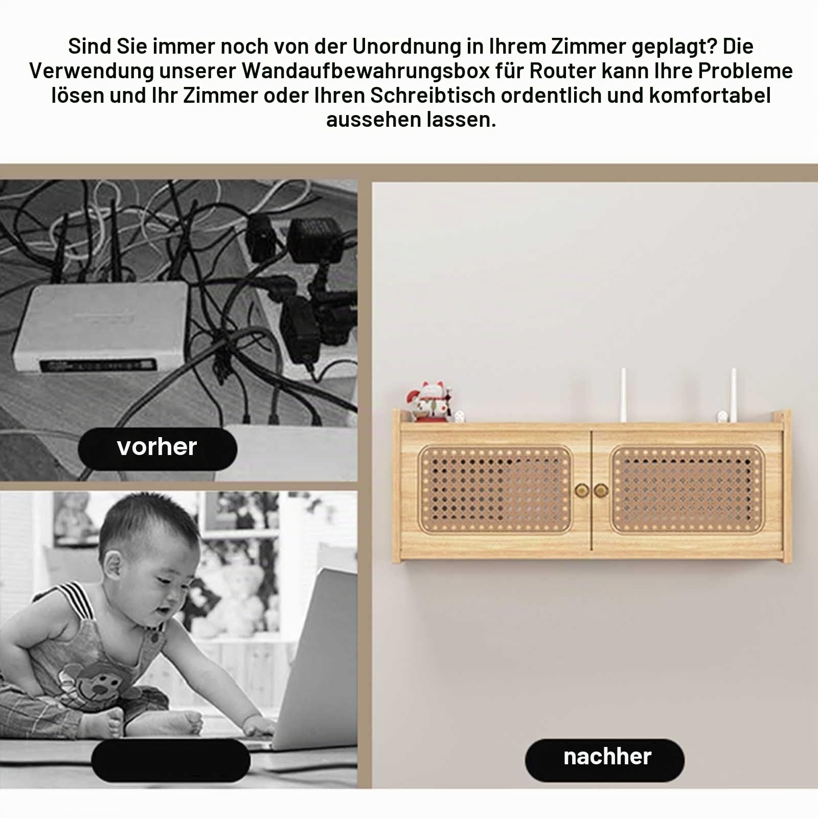 Cable Management Box Wandhalterung Aufbewahrungsbox für WiFi Router Kabel Steckdosen Verstecken Router Schrank aus Holz & Rattan Router Regal für Mediacenter Router Box Signalfreundlich(40x11.5x23cm)