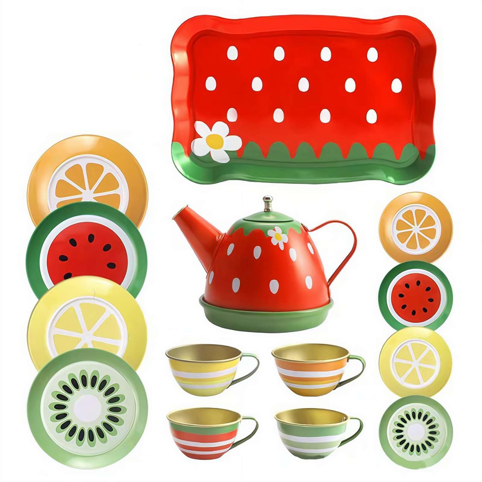 Kids Tea Party Set, Pretend Play Kitchen Party Dessert Cookies Teapot Tray, Metal Flower Te-a Se-t Toys for Toddlers Girls