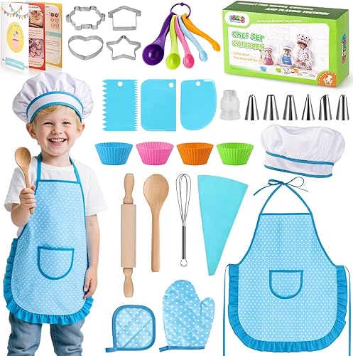 LovesTown Juego de 32 piezas para hornear para niños, disfraz de chef con sombrero de chef, delantal, accesorios de cocina para cumpleaños,
