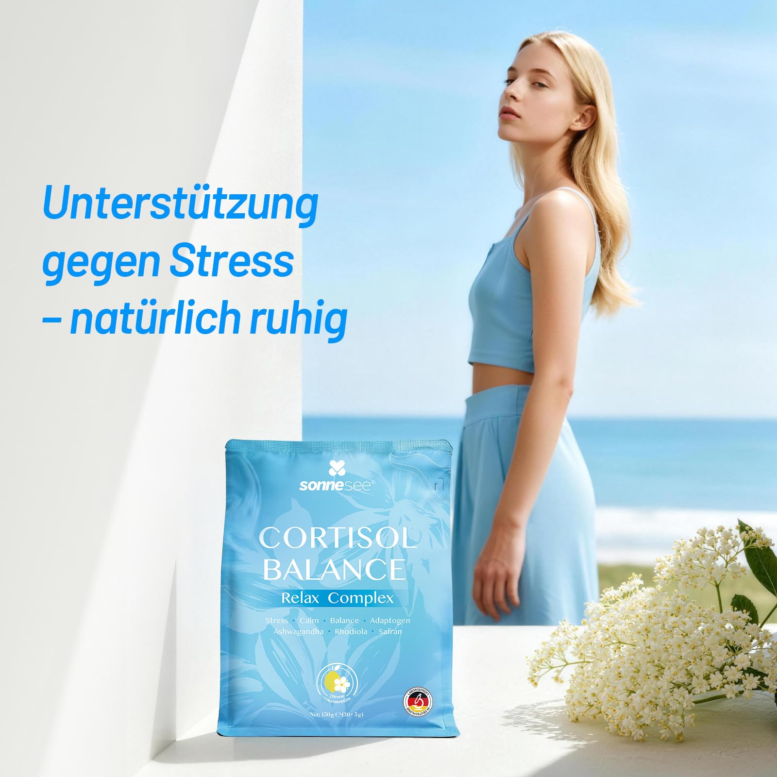 Cortisol Balance Support- Stress Adaptogen Pulver (Cortisol Cocktail) - Mit Ashwagandha Rhodiola GABA & L-Theanin – Zur Unterstützung der Nerven & Psyche – 150g Laborgeprüft in Deutschland